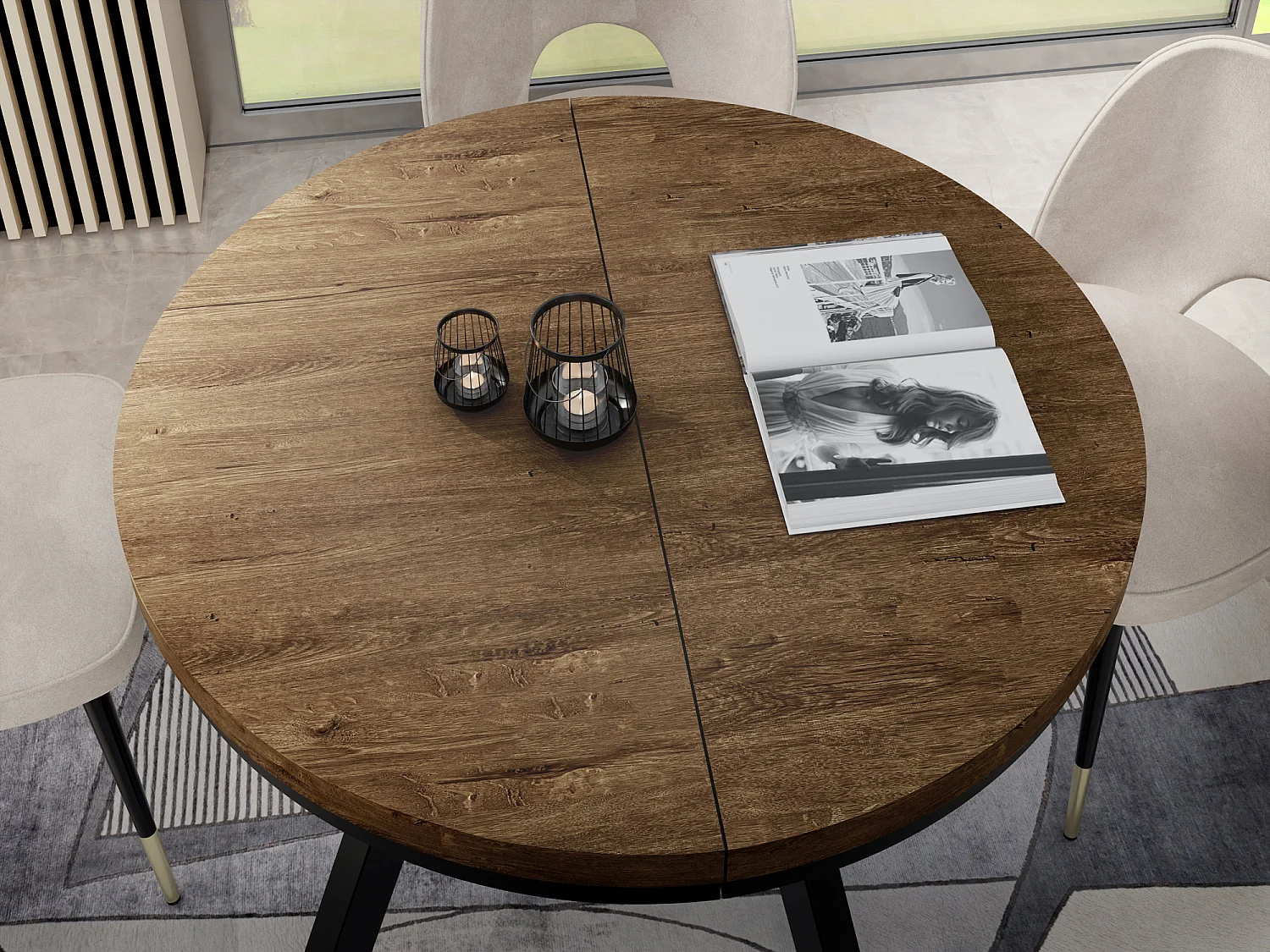 Table à Manger Ronde Extensible Designer - Style Loft, Peu Encombrant -  Pieds Noirs - 90 à 170 cm - Pour 4-8 personnes - Fabriqué en UE - Chêne Lefkas - 170 cm