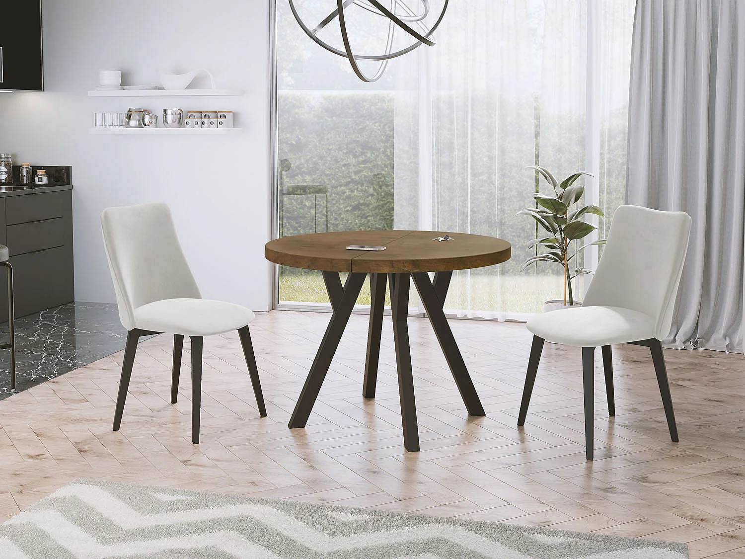 Designer Runder Ausziehbarer Esstisch - Loft-Stil, Platzsparend - Schwarze Beine - 90 bis 170 cm - für 4-8 Personen - Hergestellt in EU - Lefkas Eiche - 170 cm