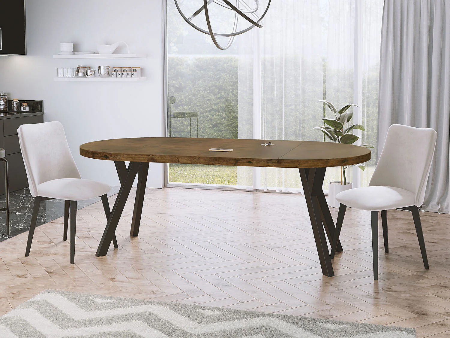 Designer Runder Ausziehbarer Esstisch - Loft-Stil, Platzsparend - Schwarze Beine - 90 bis 170 cm - für 4-8 Personen - Hergestellt in EU - Lefkas Eiche - 170 cm