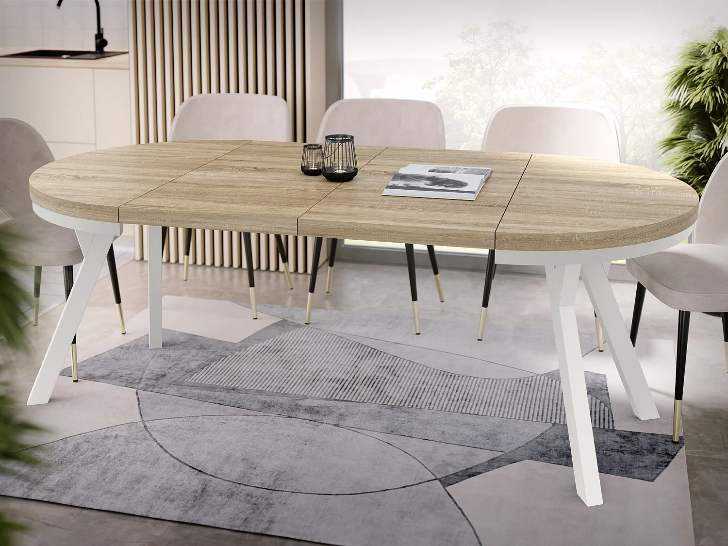 Table à Manger Extensible Ronde Designer - Style Loft, Peu Encombrant-  Pieds Blanc - 100 à 200 cm - Pour 5-10 personnes - Fabriqué en UE - Chêne Sonoma - 200 cm