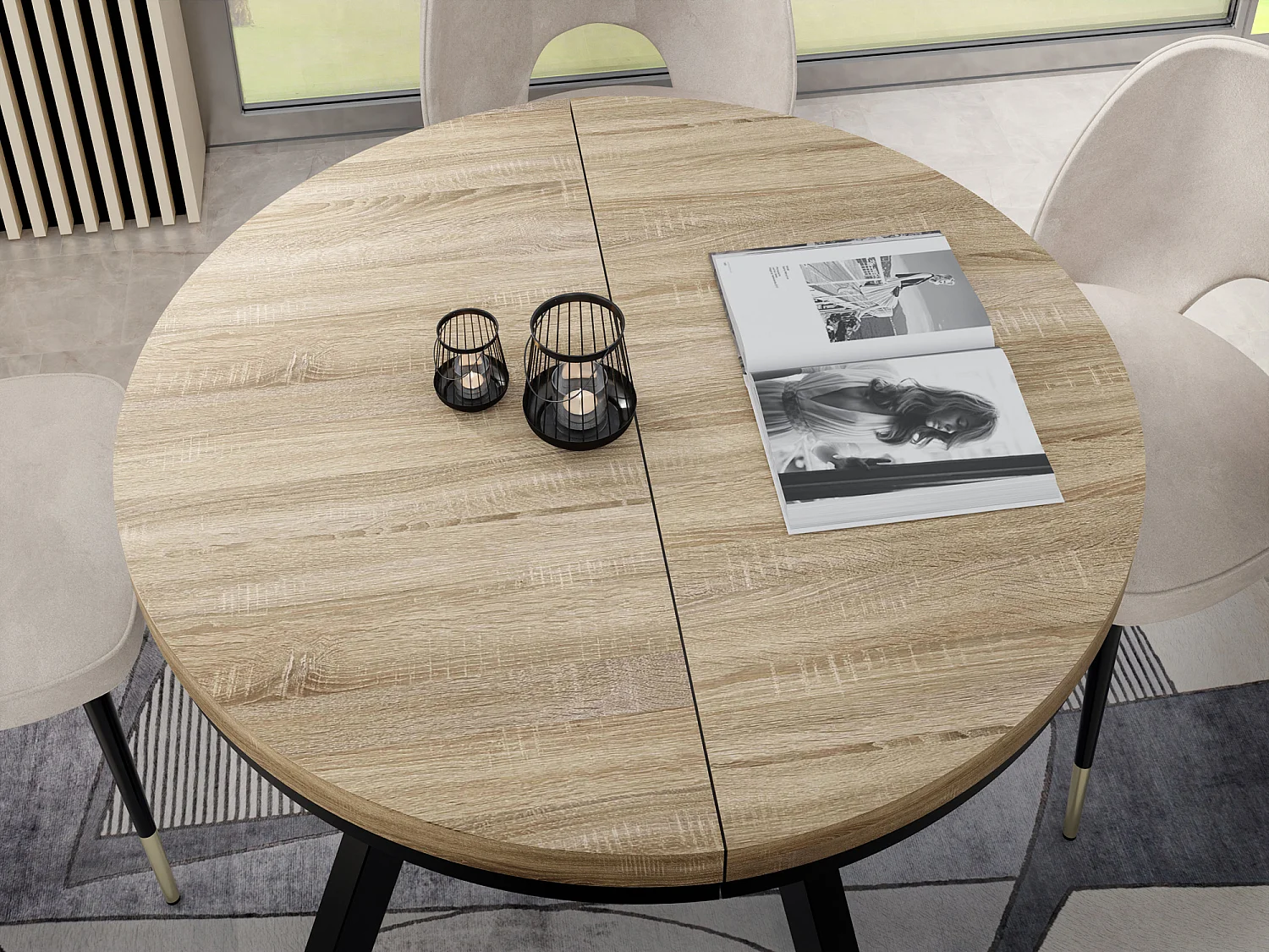 Table à Manger Extensible Ronde Designer - Style Loft, Peu Encombrant-  Pieds Blanc - 100 à 200 cm - Pour 5-10 personnes - Fabriqué en UE - Chêne Sonoma - 200 cm