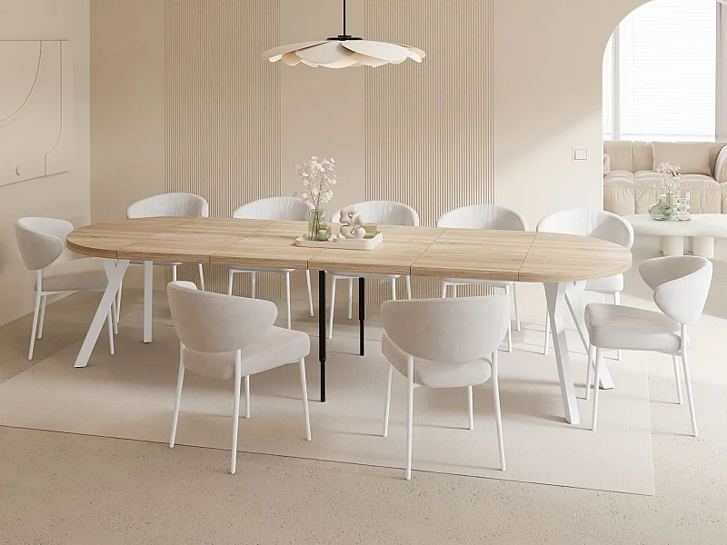 Table à Manger Ronde Extensible XXL Style Loft – 100 à 300cm – Grande Table avec Pieds en Bois Blanc – Table Extra Longue pour 5 à 16 Personnes – Chêne Marron Clair