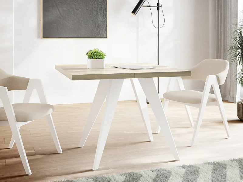 Table à Manger Carrée Extensible Quadro 100-200 cm - Table de Salle à Manger Industrielle avec Pieds Blancs pour 4-8 Personnes - Style Loft - Chêne Sonoma