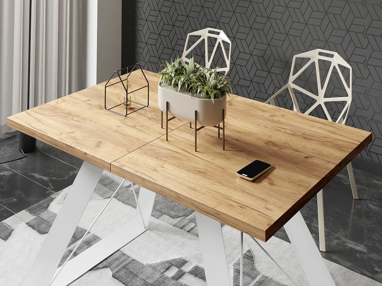 Table à Manger Rectangulaire Extensible avec Cadre Métallique Noir – Table Économiseuse d'Espace Style Loft pour Salon – Chêne Craft avec Pieds Métalliques Noirs...