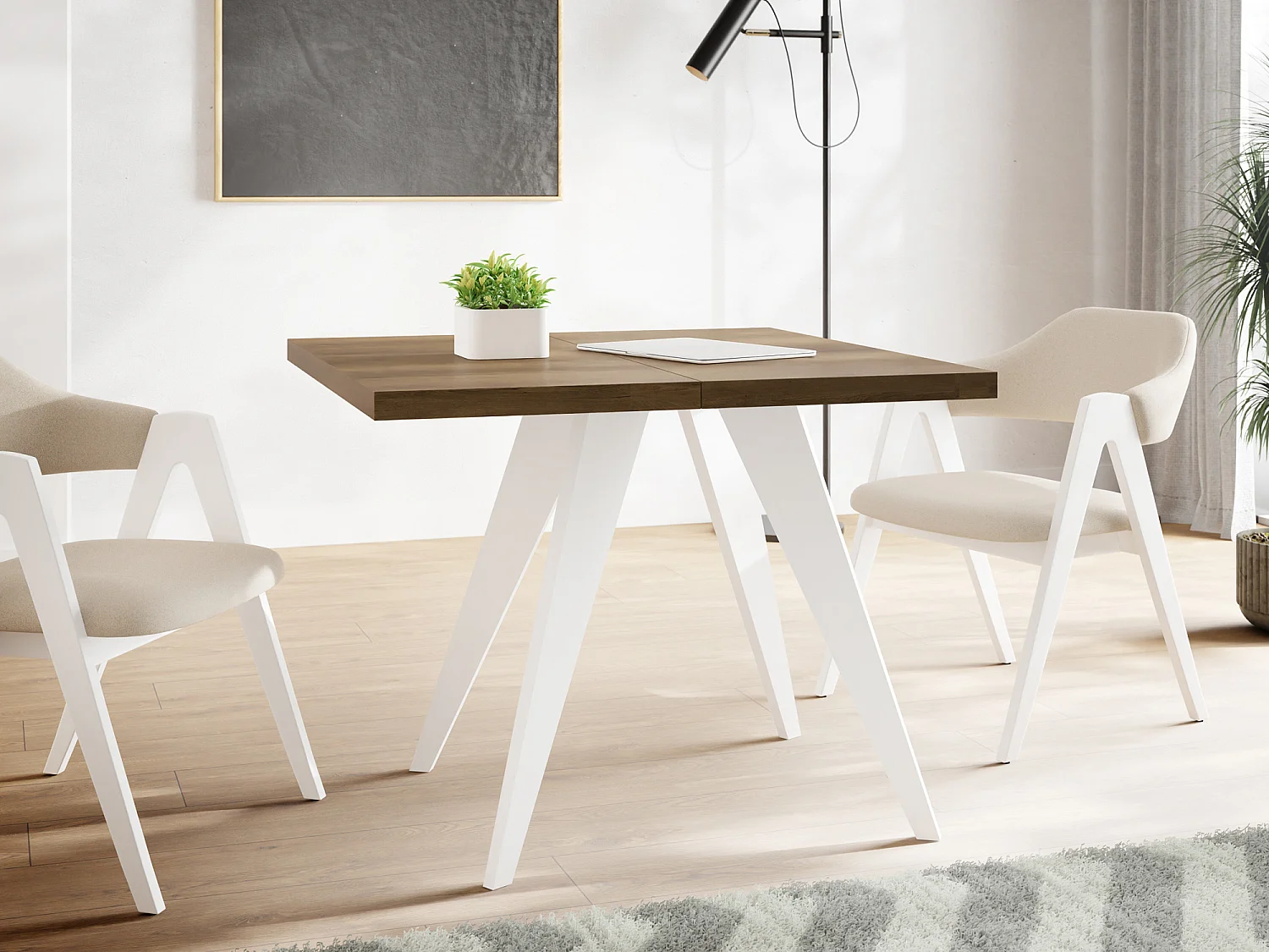 Table à Manger Carrée Extensible Quadro 100-150 cm - Table de Salle à Manger Industrielle avec Pieds Blancs pour 4-6 Personnes - Style Loft - Chêne Lefkas