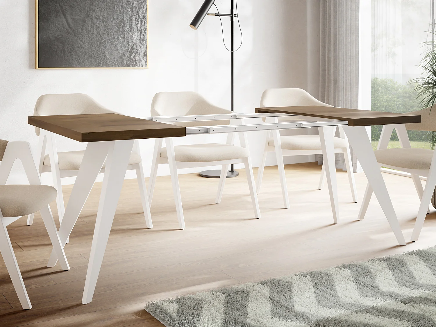 Table à Manger Carrée Extensible Quadro 100-150 cm - Table de Salle à Manger Industrielle avec Pieds Blancs pour 4-6 Personnes - Style Loft - Chêne Lefkas