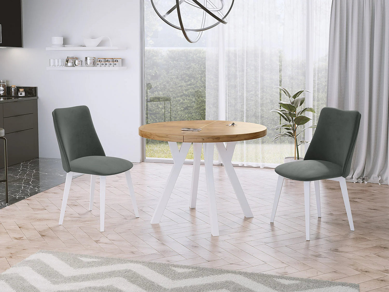 Table à Manger Extensible Ronde Designer - Style Loft, Peu Encombrant - Pieds Blanc - 90 à 170 cm - pour 4-8 personnes - Fabriqué en UE - Chêne Wotan - 170 cm
