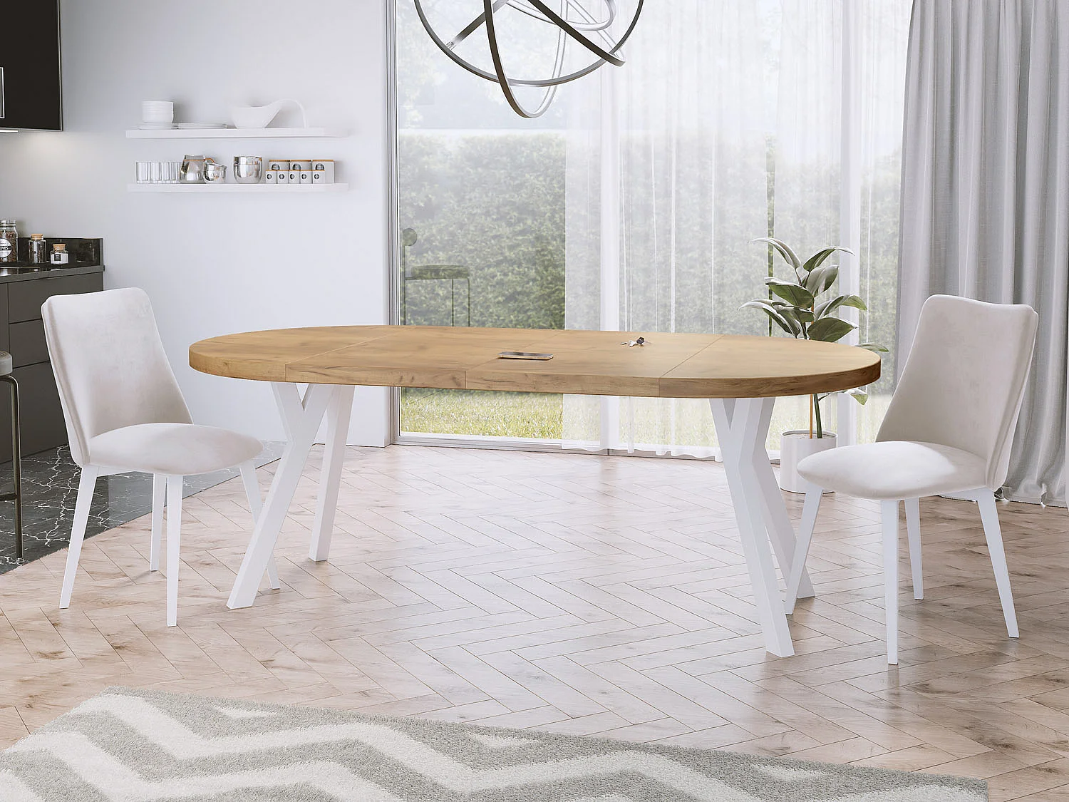 Table à Manger Extensible Ronde Designer - Style Loft, Peu Encombrant - Pieds Blanc - 90 à 170 cm - pour 4-8 personnes - Fabriqué en UE - Chêne Wotan - 170 cm