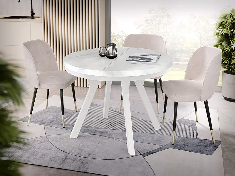 Table à Manger Extensible Ronde Designer - Style Loft, Peu Encombrant -  Pieds Blancs - 100 à 150 cm - Pour 5-8 personnes - Fabriqué en UE - Marbre Blanc - 150 cm