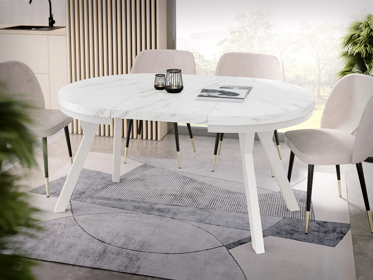 Table à Manger Extensible Ronde Designer - Style Loft, Peu Encombrant -  Pieds Blancs - 100 à 150 cm - Pour 5-8 personnes - Fabriqué en UE - Marbre Blanc - 150 cm