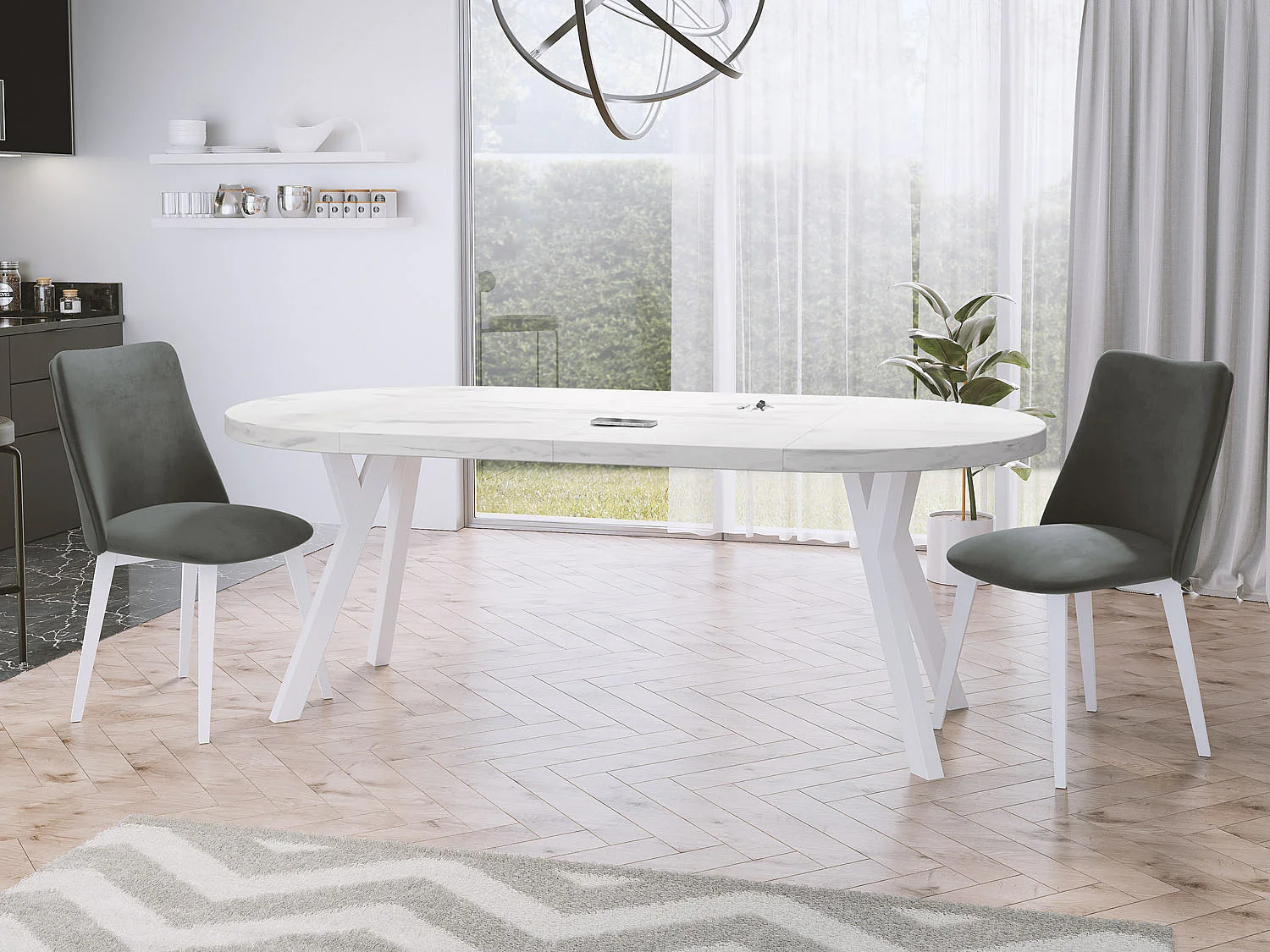 Table à Manger Extensible Ronde Designer - Style Loft, Peu Encombrant -  Pieds Blanc - 100 à 200 cm - Pour 5-10 personnes - Fabriqué en UE - Marbre Blanc - 200 cm