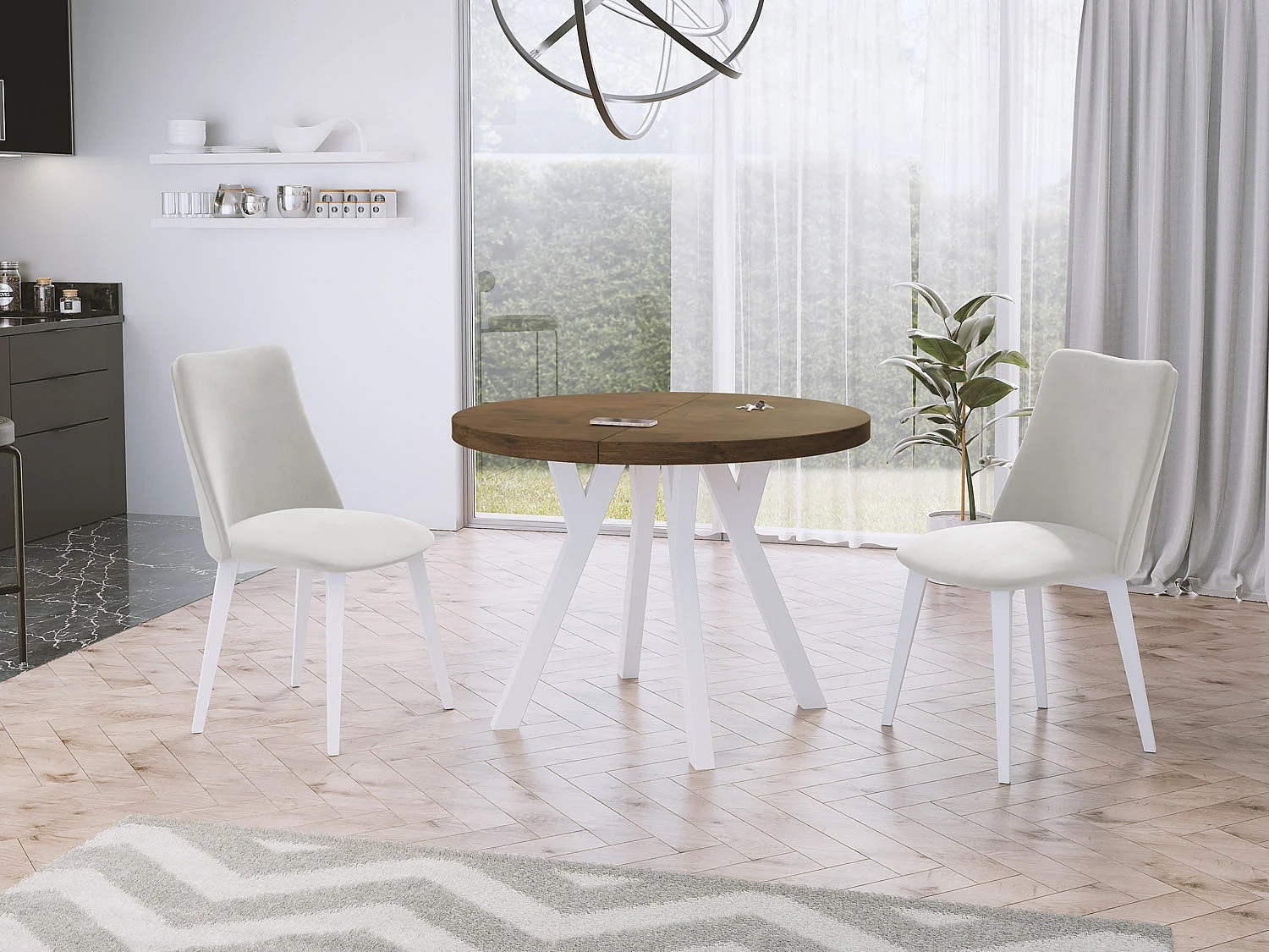 Table à Manger Extensible Ronde Designer - Style Loft, Peu Encombrant - Pieds Blancs - 100 à 150 cm - pour 5-8 personnes - Fabriqué en UE - Chêne Lefkas - 150 cm