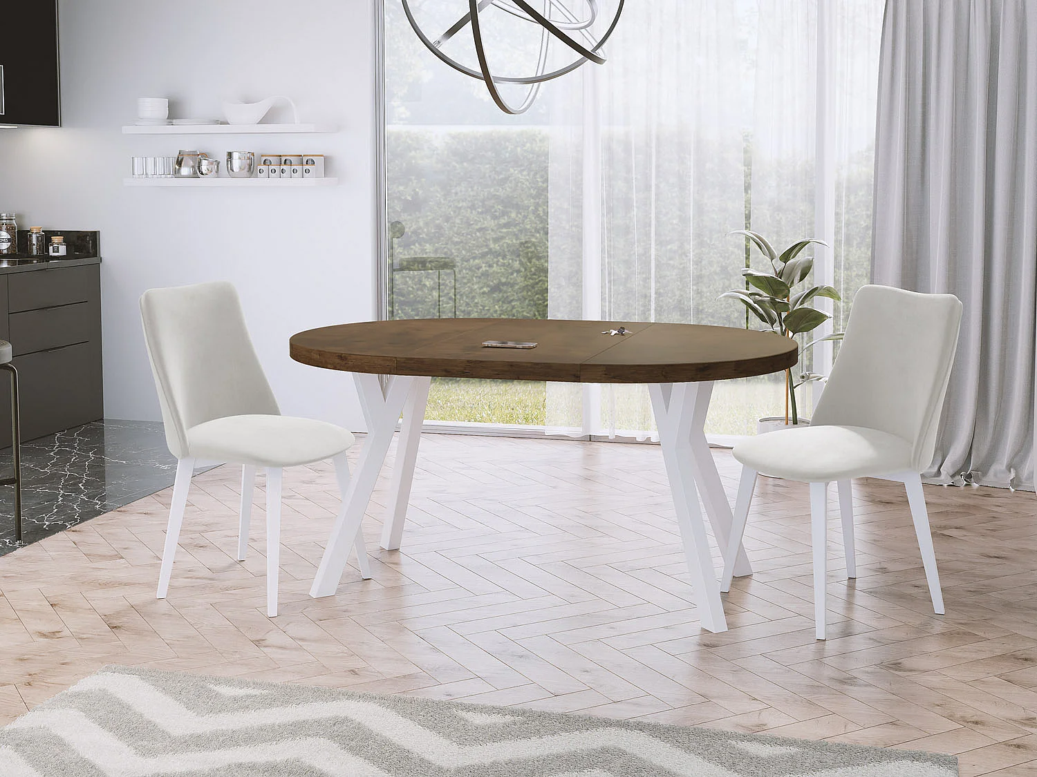 Table à Manger Extensible Ronde Designer - Style Loft, Peu Encombrant - Pieds Blancs - 100 à 150 cm - pour 5-8 personnes - Fabriqué en UE - Chêne Lefkas - 150 cm