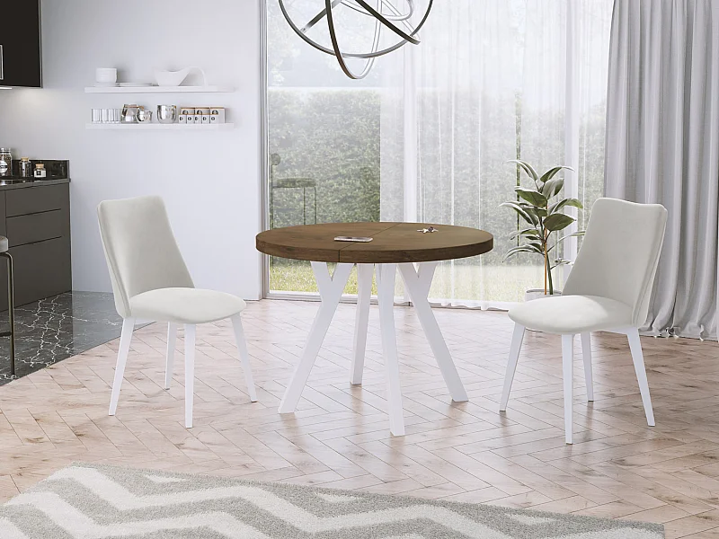 Table à Manger Extensible Ronde Designer - Style Loft, Peu Encombrant - Pieds Blancs - 100 à 150 cm - pour 5-8 personnes - Fabriqué en UE - Chêne Lefkas - 150 cm