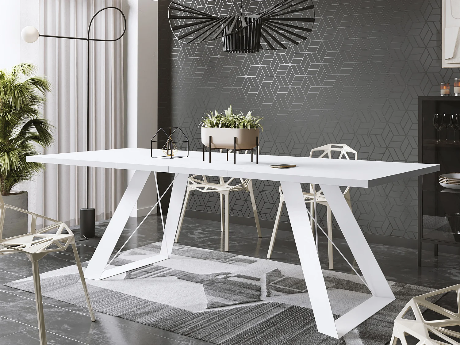 Table à Manger Rectangulaire Extensible avec Cadre Métallique Noir – Table Économiseuse d'Espace Style Loft pour Salon – Blanc avec Pieds Métalliques Noirs – 160...
