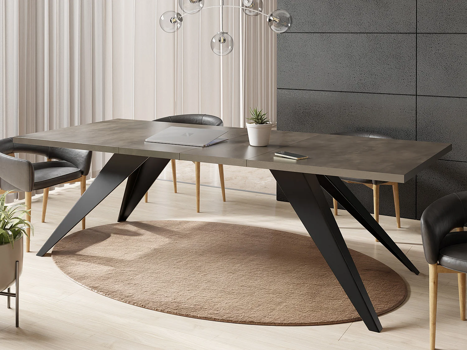 Table à Manger Vance Style Moderne - Table Rectangulaire Extensible de 160 à 260 cm, Pieds en Métal Noir Revêtement Poudre - 160 x 90 cm - Béton Gris Chicago