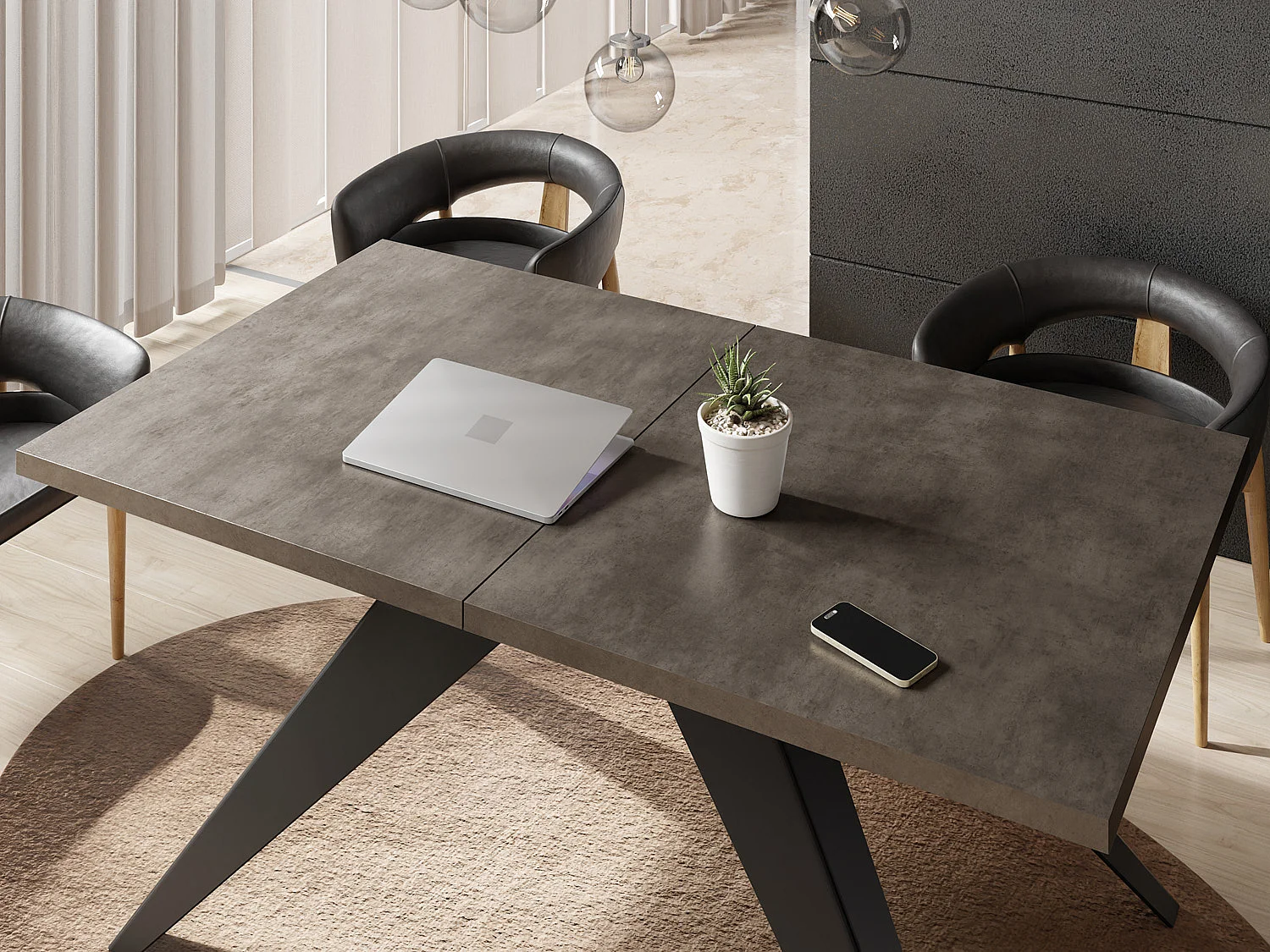 Table à Manger Vance Style Moderne - Table Rectangulaire Extensible de 160 à 260 cm, Pieds en Métal Noir Revêtement Poudre - 160 x 90 cm - Béton Gris Chicago
