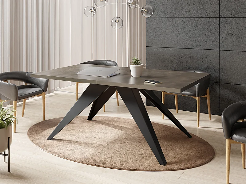 Table à Manger Vance Style Moderne - Table Rectangulaire Extensible de 160 à 260 cm, Pieds en Métal Noir Revêtement Poudre - 160 x 90 cm - Béton Gris Chicago