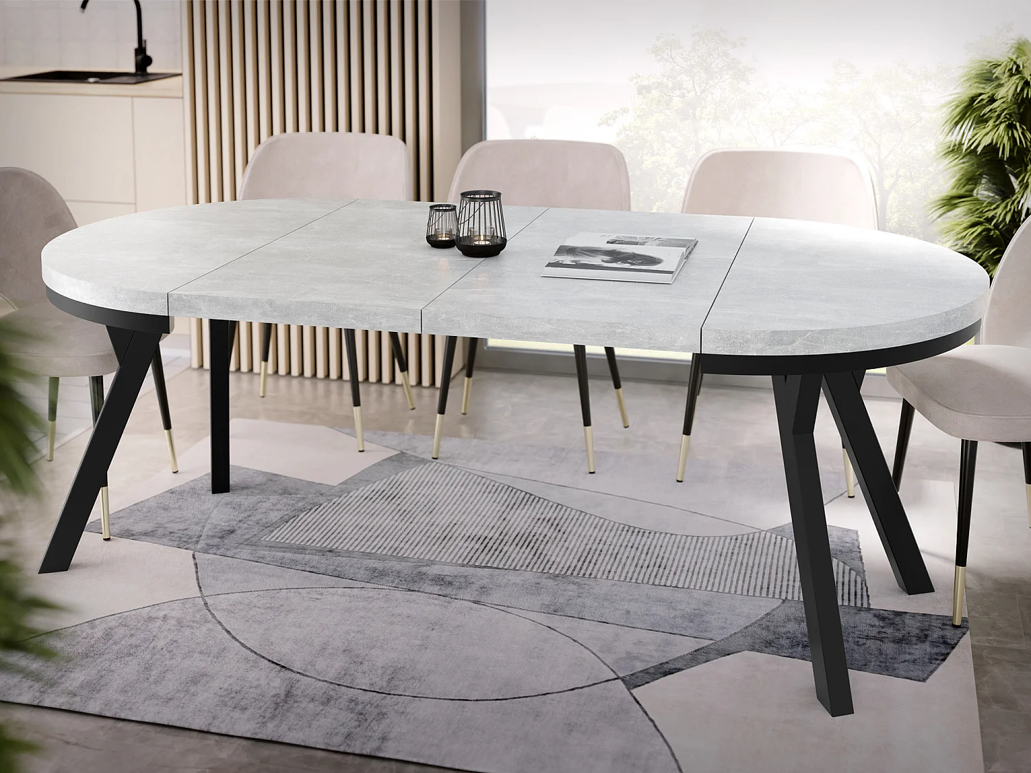 Table à Manger Extensible Ronde Designer - Style Loft, Peu Encombrant -  Pieds Noirs - 100 à 200 cm - Pour 5-10 personnes - Fabriqué en UE - Gris Béton - 200 cm