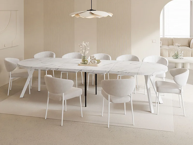Table à Manger Ronde Extensible XXL Style Loft – 100 à 300 cm – Grande Table avec Pieds en Bois Blanc – Table Extra Longue pour 5 à 16 Personnes – Marbre Blanc