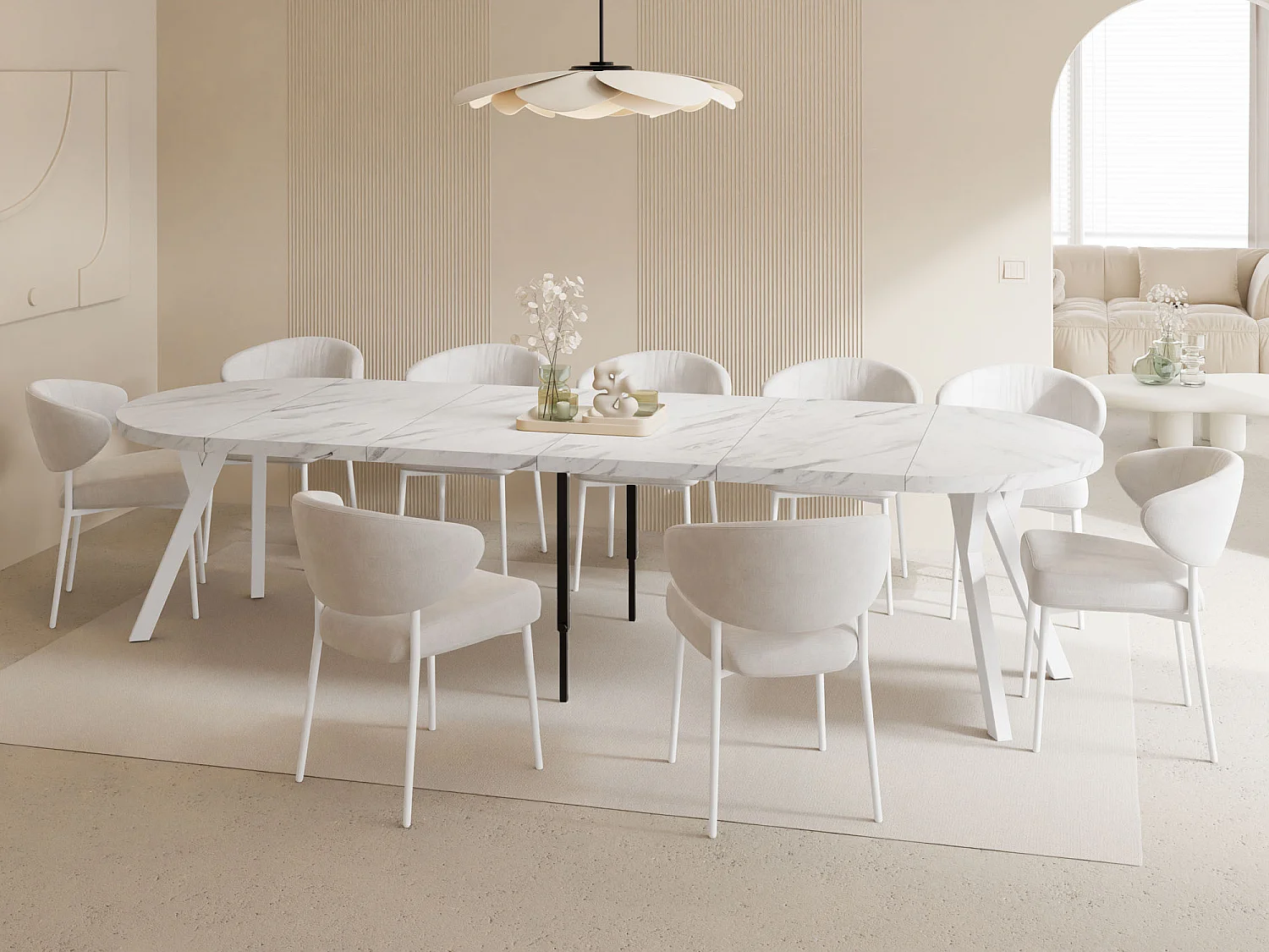Table à Manger Ronde Extensible XXL Style Loft – 100 à 300 cm – Grande Table avec Pieds en Bois Blanc – Table Extra Longue pour 5 à 16 Personnes – Marbre Blanc