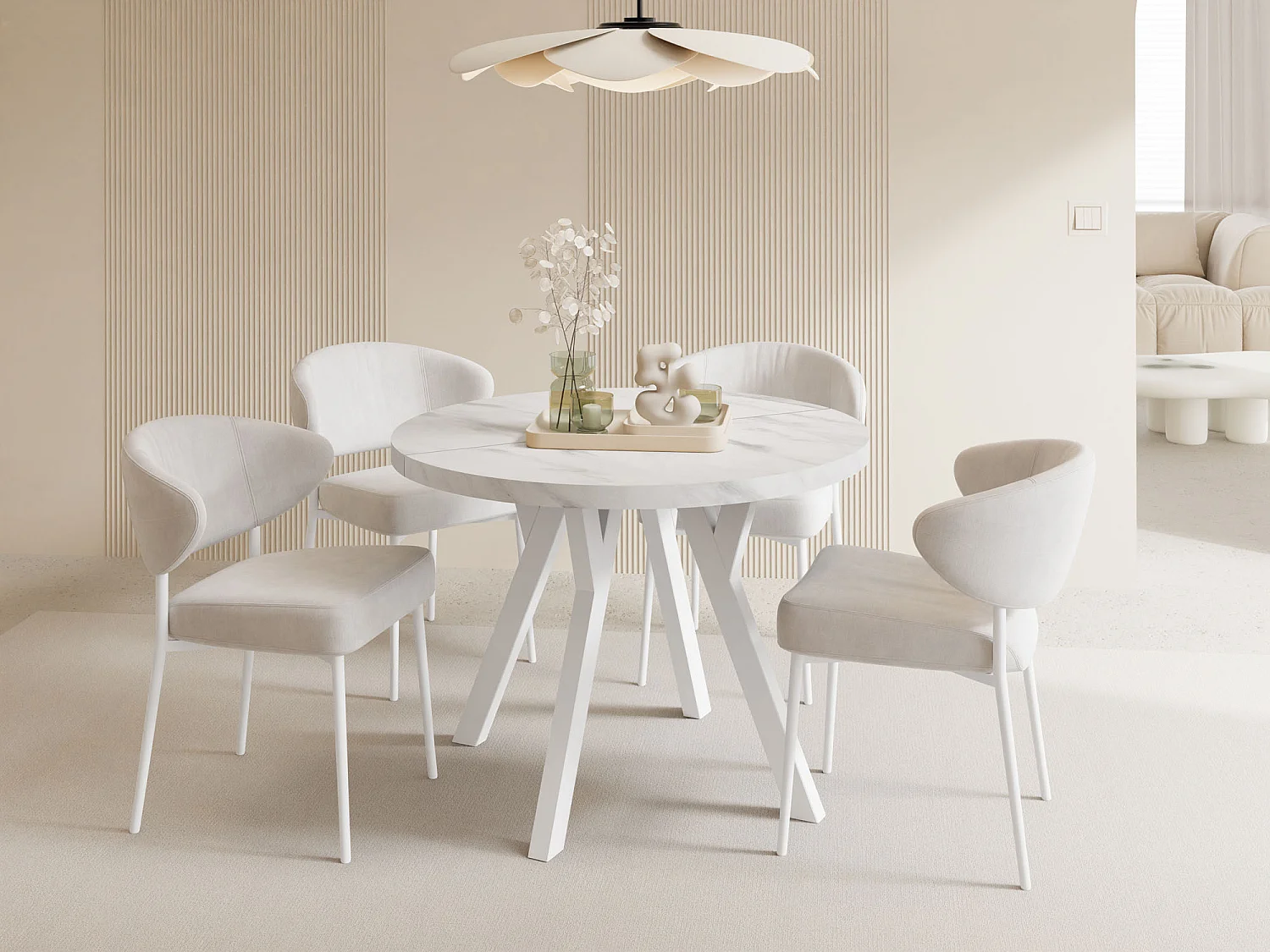Table à Manger Ronde Extensible XXL Style Loft – 100 à 300 cm – Grande Table avec Pieds en Bois Blanc – Table Extra Longue pour 5 à 16 Personnes – Marbre Blanc