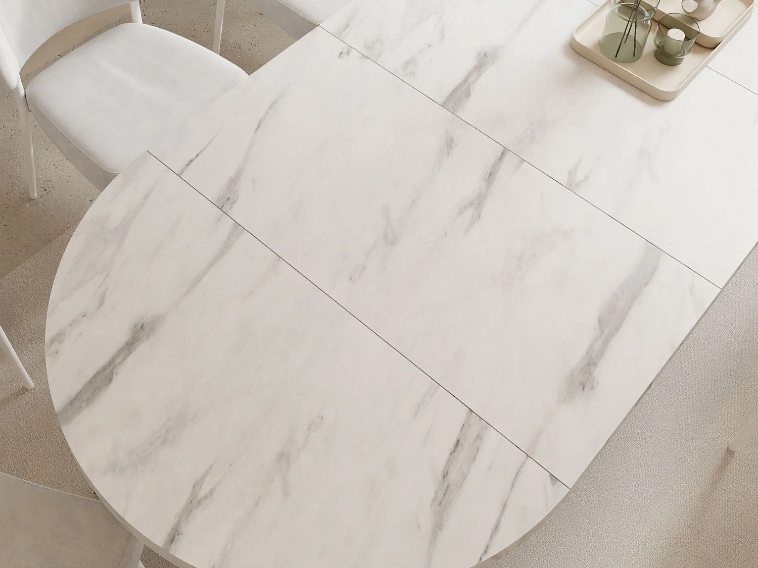 Table à Manger Ronde Extensible XXL Style Loft – 100 à 300 cm – Grande Table avec Pieds en Bois Blanc – Table Extra Longue pour 5 à 16 Personnes – Marbre Blanc