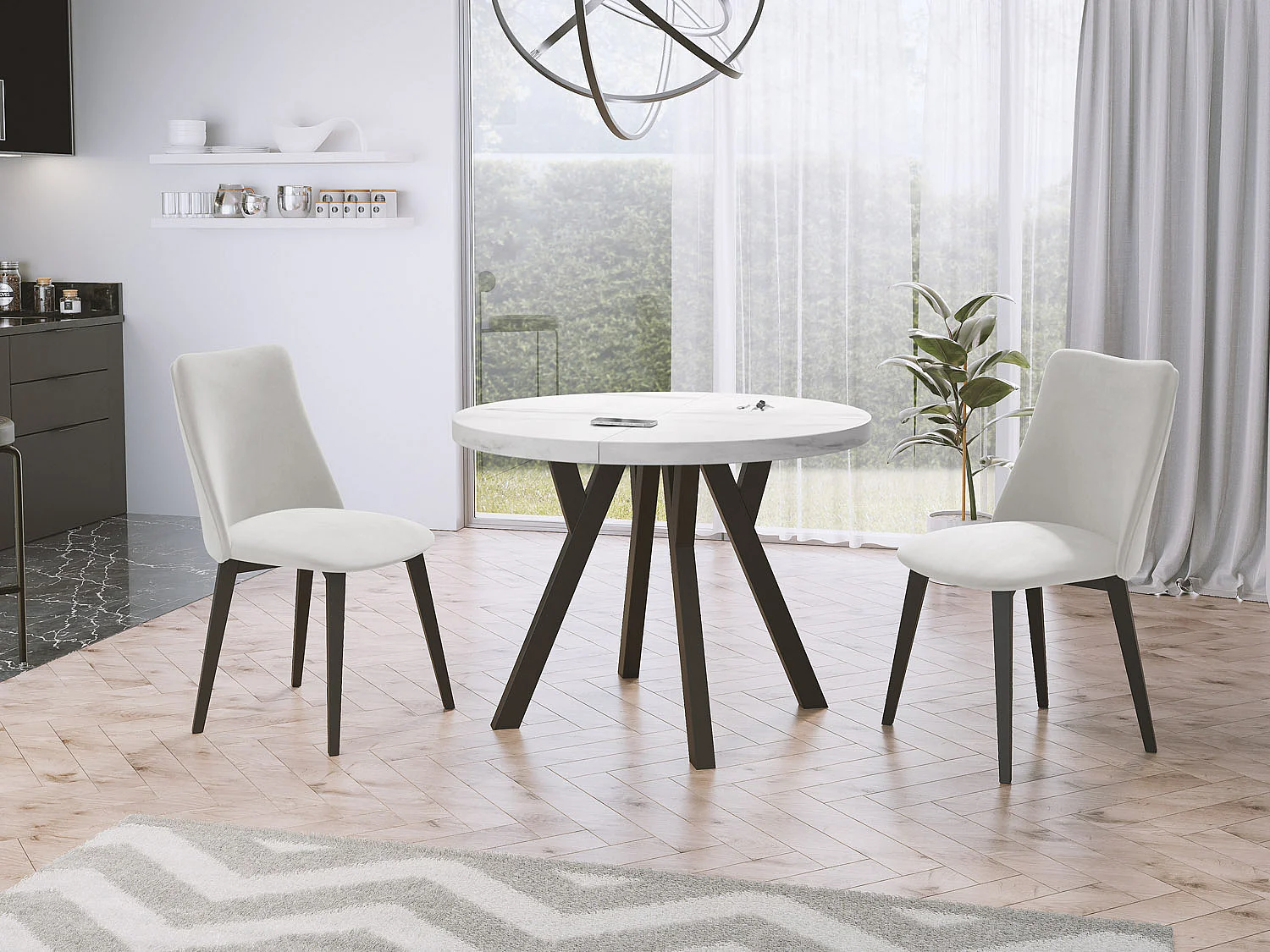 Designer Runder Ausziehbarer Esstisch - Loft-Stil, Platzsparend - Schwarze Beine - 90 bis 170 cm - für 4-8 Personen - Hergestellt in EU - Marmor Weiß - 170 cm