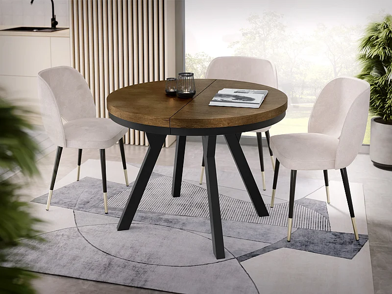 Table à Manger Extensible Ronde Designer - Style Loft, Peu Encombrant -  Pieds Noirs - 100 à 150 cm - Pour 5-8 personnes - Fabriqué en UE - Chêne Lefkas - 150 cm