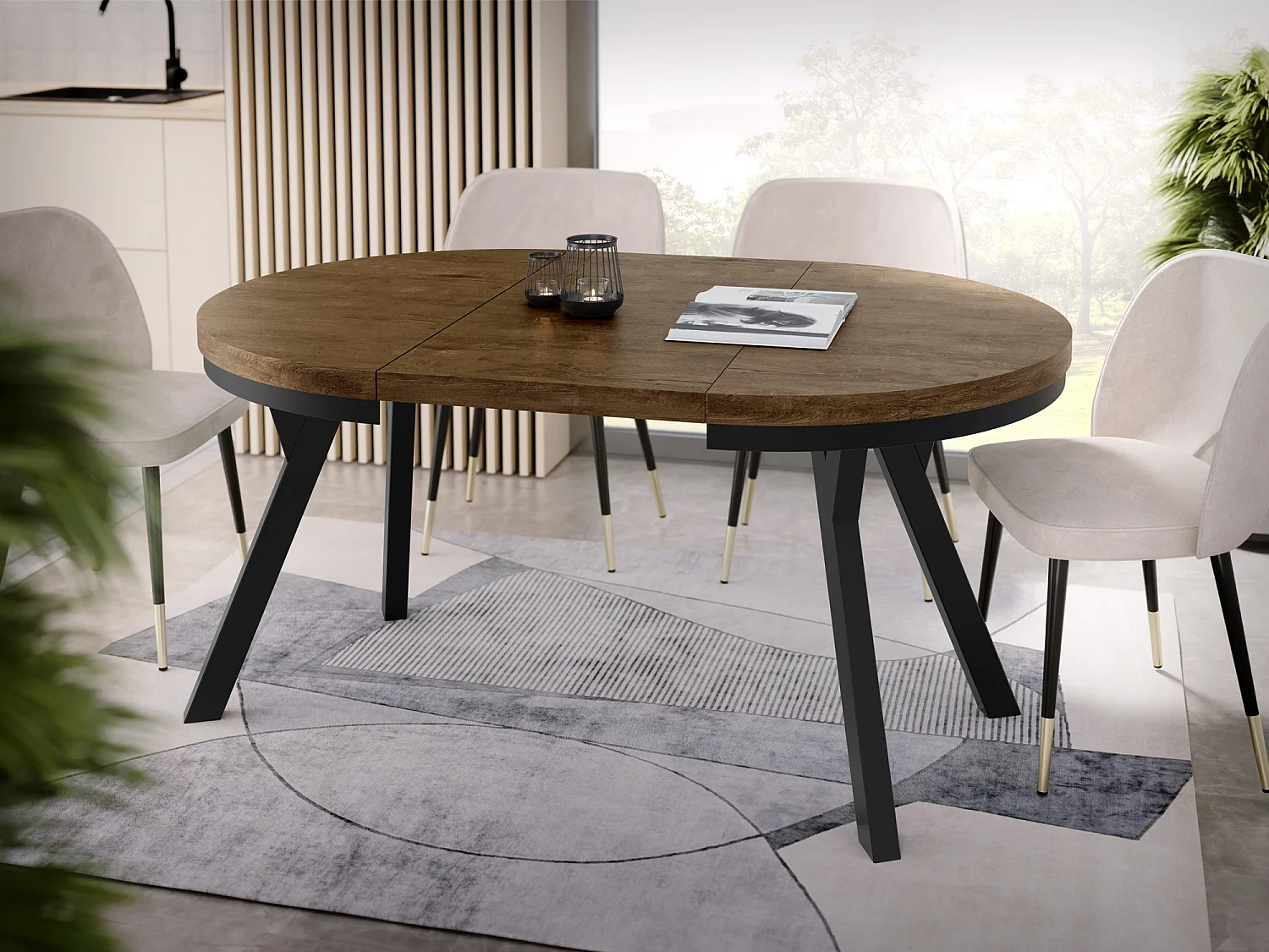 Table à Manger Extensible Ronde Designer - Style Loft, Peu Encombrant -  Pieds Noirs - 100 à 150 cm - Pour 5-8 personnes - Fabriqué en UE - Chêne Lefkas - 150 cm