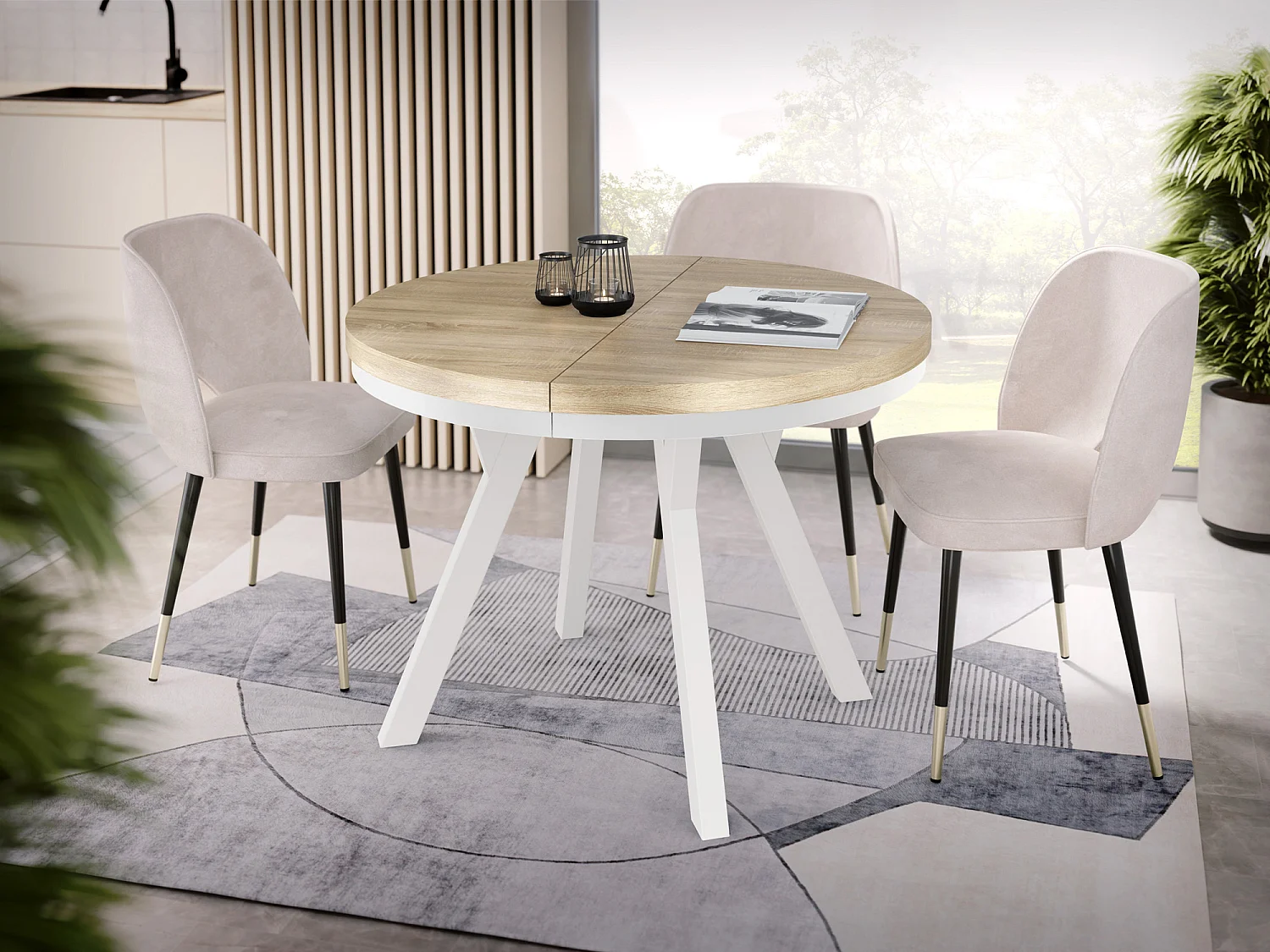 Table à Manger Extensible Ronde Designer - Style Loft, Peu Encombrant -  Pieds Blanc - 90 à 170 cm - Pour 4-8 personnes - Fabriqué en UE - Chêne Sonoma - 170 cm