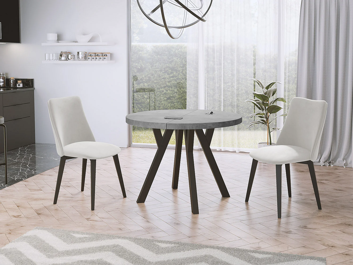 Designer Runder Ausziehbarer Esstisch - Loft-Stil, Platzsparend - Schwarze Beine - 90 bis 170 cm - für 4-8 Personen - Hergestellt in EU - Beton Grau - 170 cm