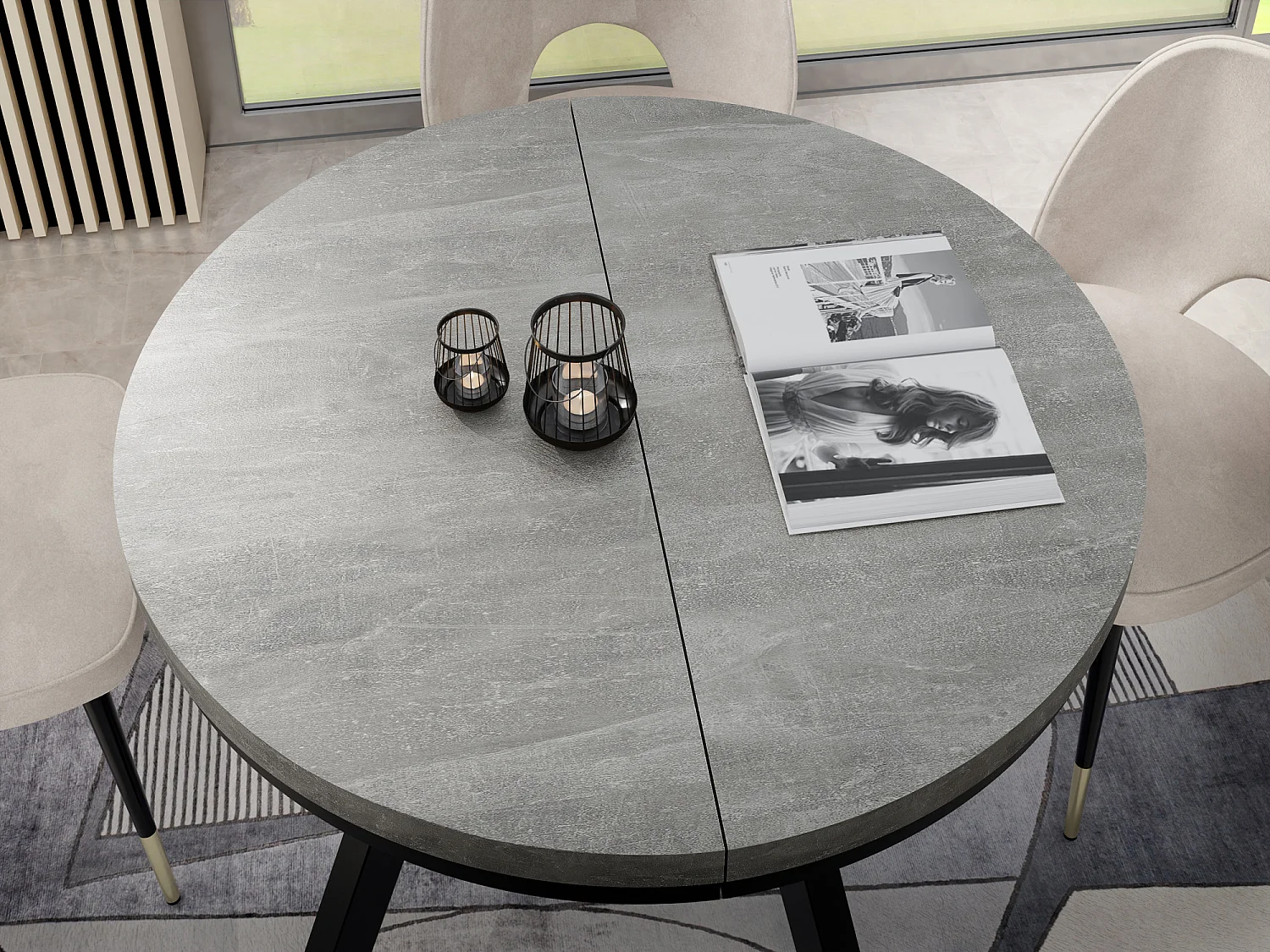 Designer Runder Ausziehbarer Esstisch - Loft-Stil, Platzsparend - Schwarze Beine - 90 bis 170 cm - für 4-8 Personen - Hergestellt in EU - Beton Grau - 170 cm