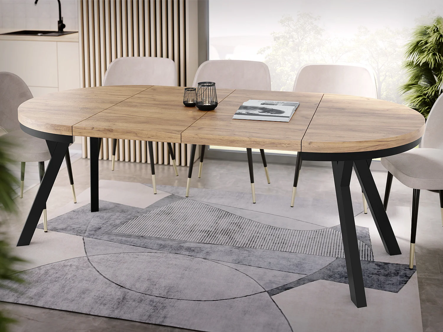 Table à Manger Extensible Ronde Designer - Style Loft, Peu Encombrant -  Pieds Noirs - 100 à 200 cm - Pour 5-10 personnes - Fabriqué en UE - Chêne Wotan - 200 cm