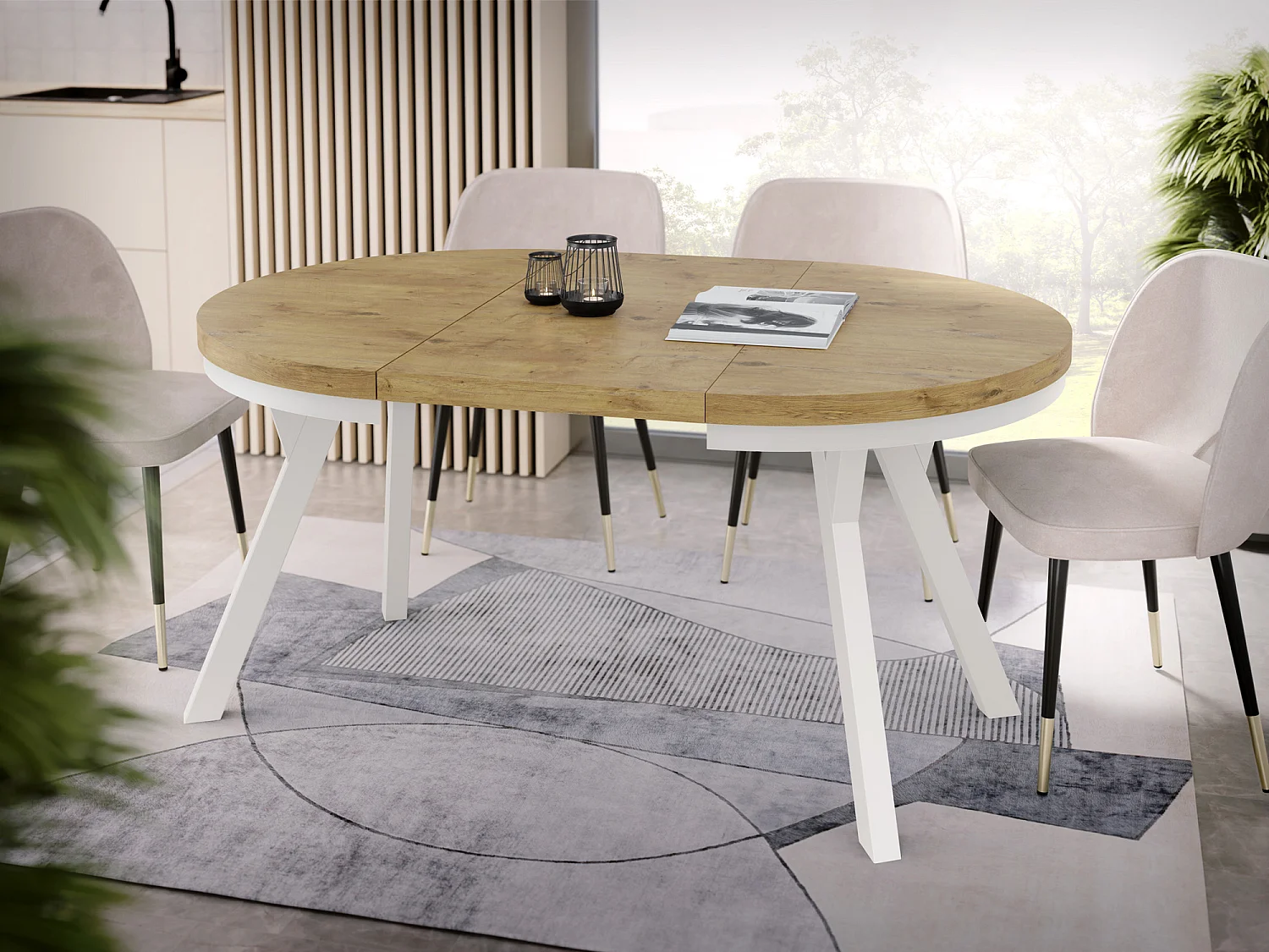 Table à Manger Extensible Ronde Designer - Style Loft, Peu Encombrant - Pieds Blanc - 100 à 150 cm - pour 5-8 personnes - Fabriqué en UE - Chêne Lancelot - 150 cm