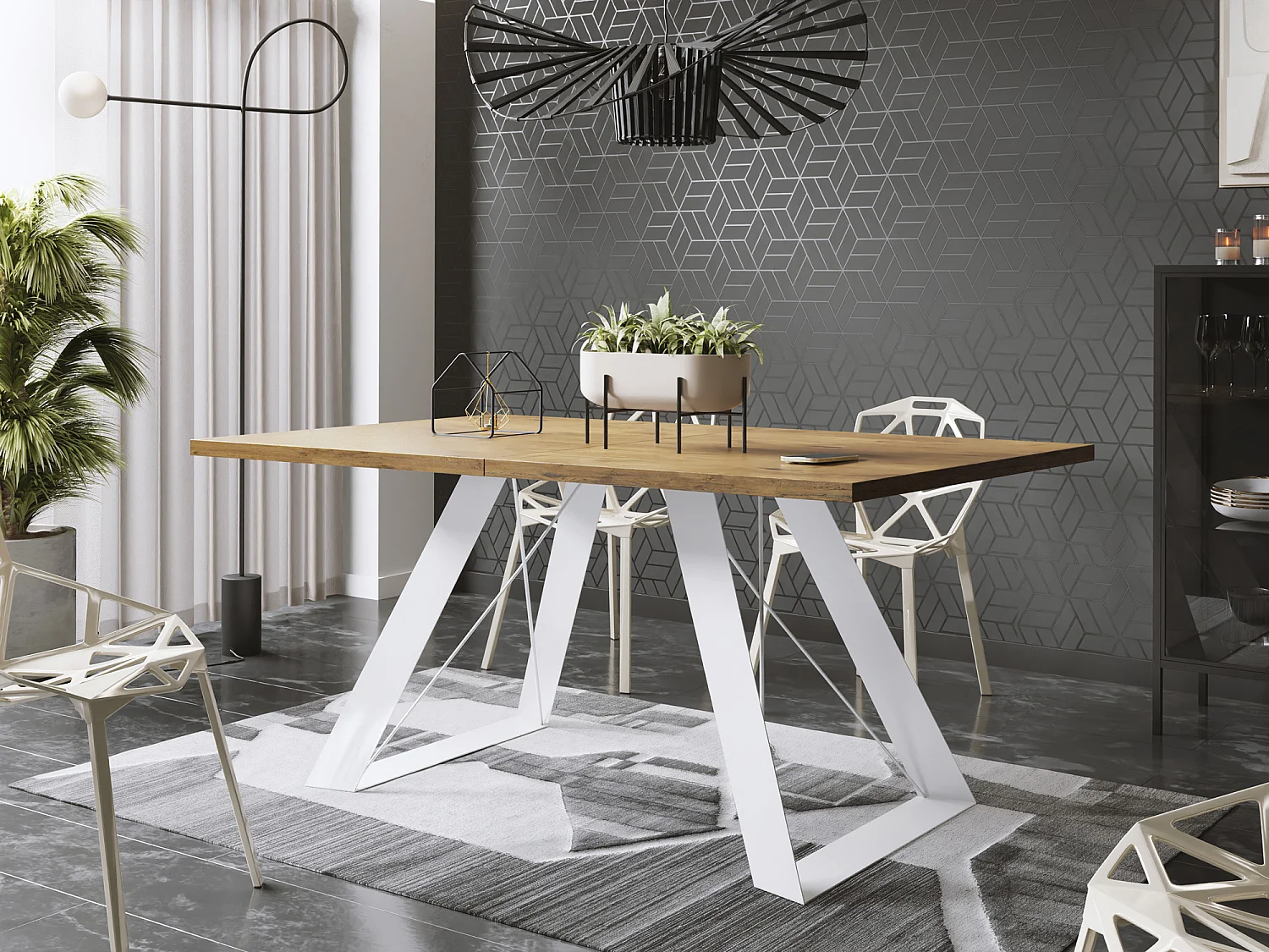 Table à Manger Rectangulaire Extensible avec Cadre Métallique Noir – Table Économiseuse d'Espace Style Loft pour Salon – Chêne Lancelot avec Pieds Métalliques No...