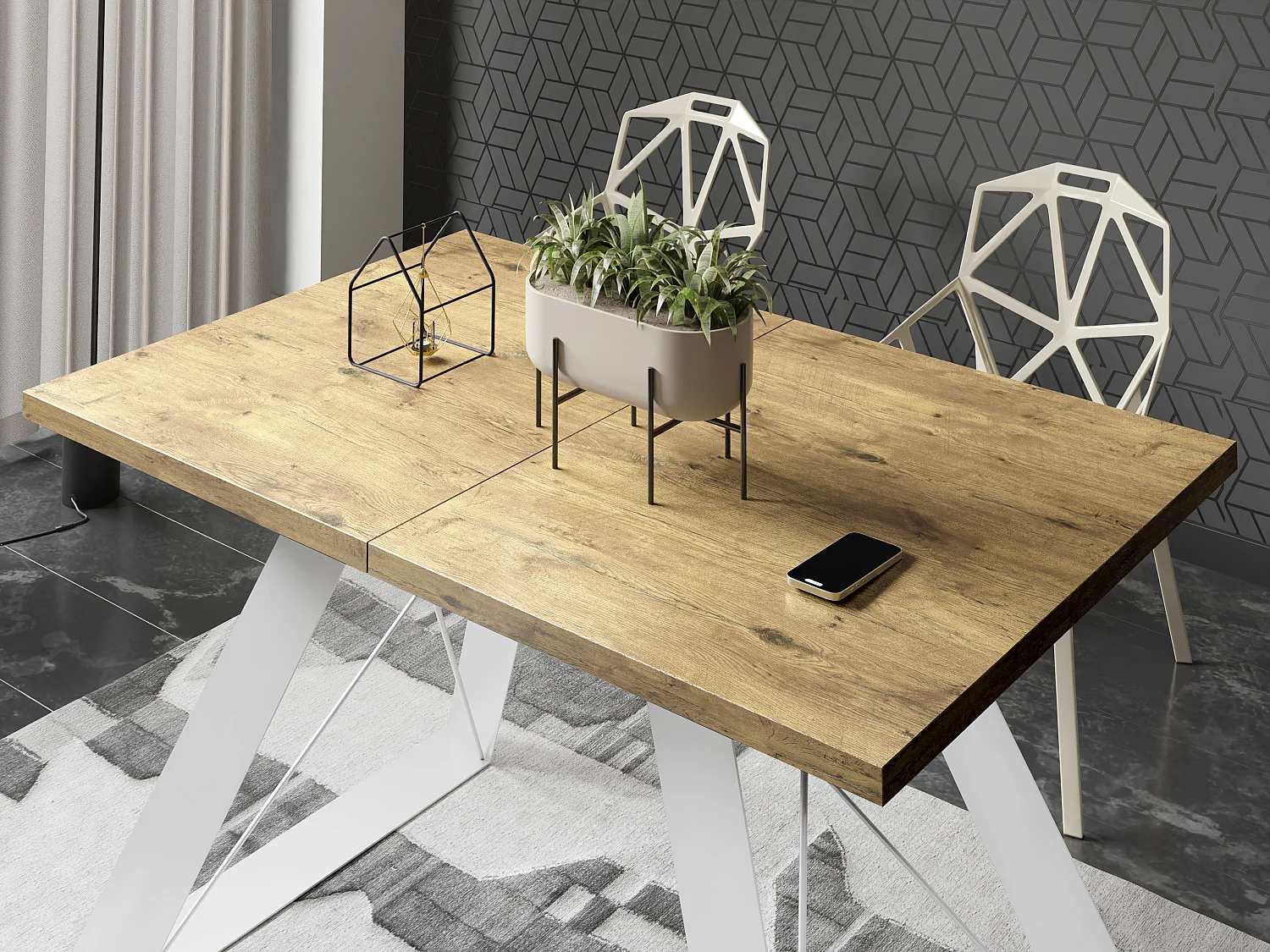 Table à Manger Rectangulaire Extensible avec Cadre Métallique Noir – Table Économiseuse d'Espace Style Loft pour Salon – Chêne Lancelot avec Pieds Métalliques No...