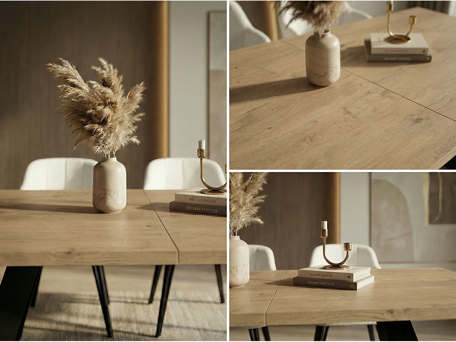 Table à Manger Rectangulaire Extensible avec Cadre Métallique Noir – Table Économiseuse d'Espace Style Loft pour Salon – Chêne Lancelot avec Pieds Métalliques No...