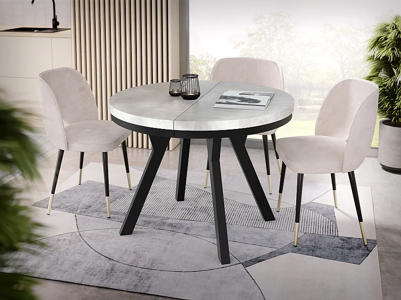 Table à Manger Ronde Extensible Designer - Style Loft, Peu Encombrant -  Pieds Noirs - 90 à 170 cm - Pour 4-8 personnes - Fabriqué en UE - Gris Béton - 170 cm
