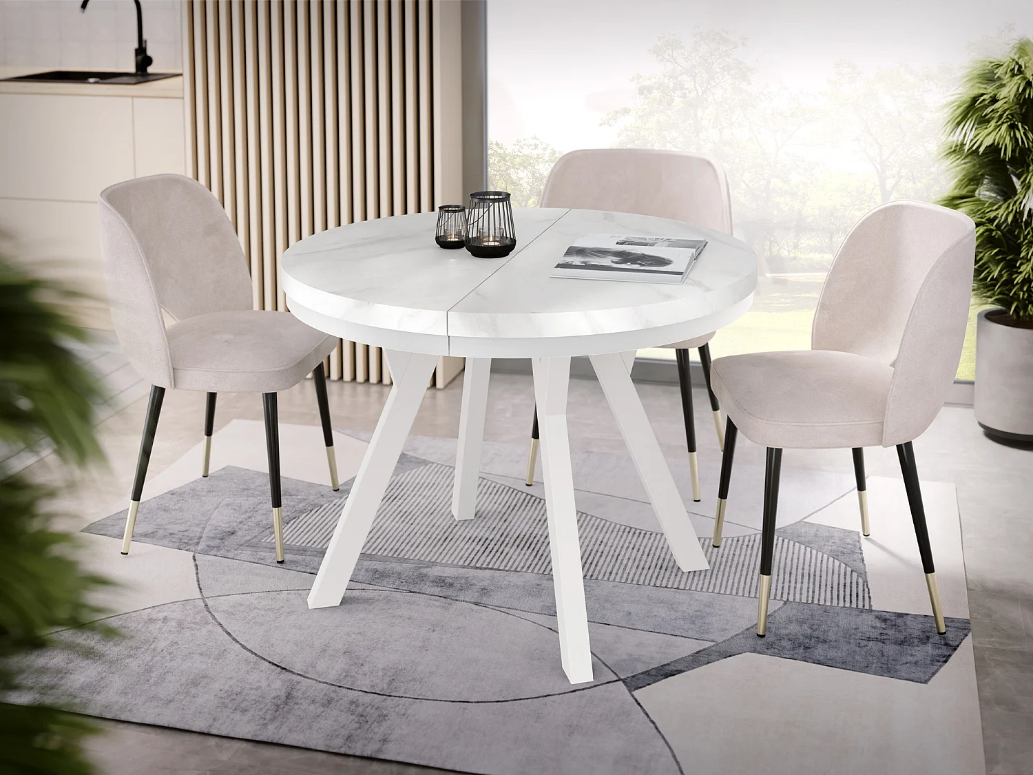 Table à Manger Extensible Ronde Designer - Style Loft, Peu Encombrant -  Pieds Blanc - 90 à 170 cm - Pour 4-8 personnes - Fabriqué en UE - Marbre Blanc - 170 cm