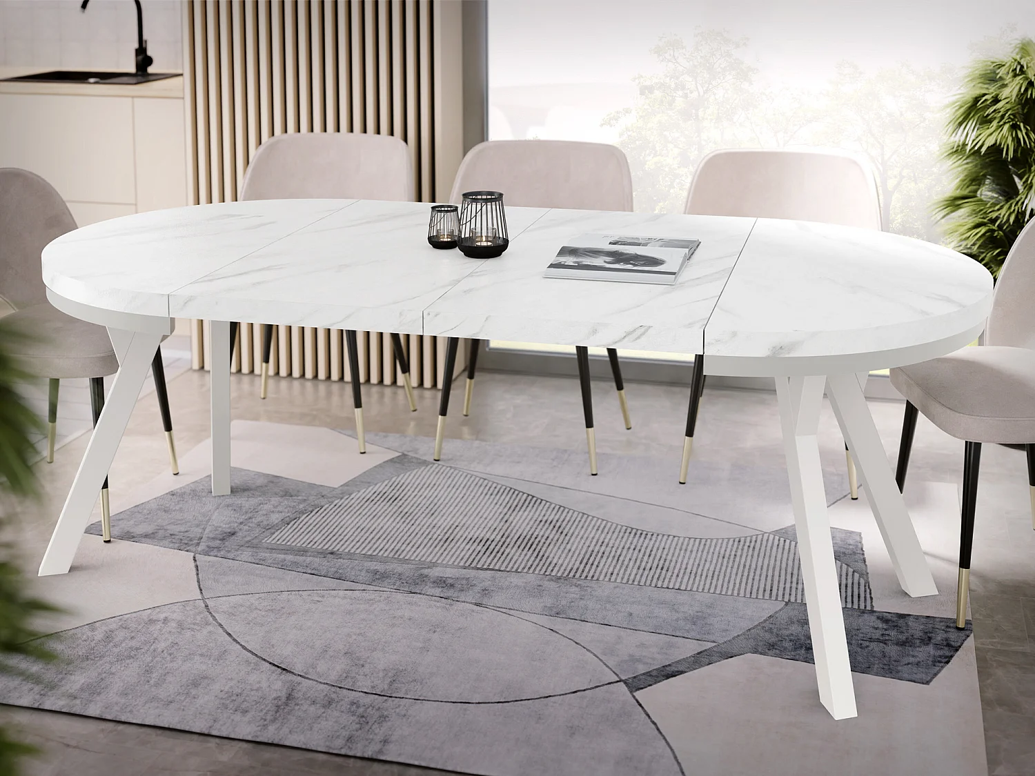 Table à Manger Extensible Ronde Designer - Style Loft, Peu Encombrant -  Pieds Blanc - 90 à 170 cm - Pour 4-8 personnes - Fabriqué en UE - Marbre Blanc - 170 cm