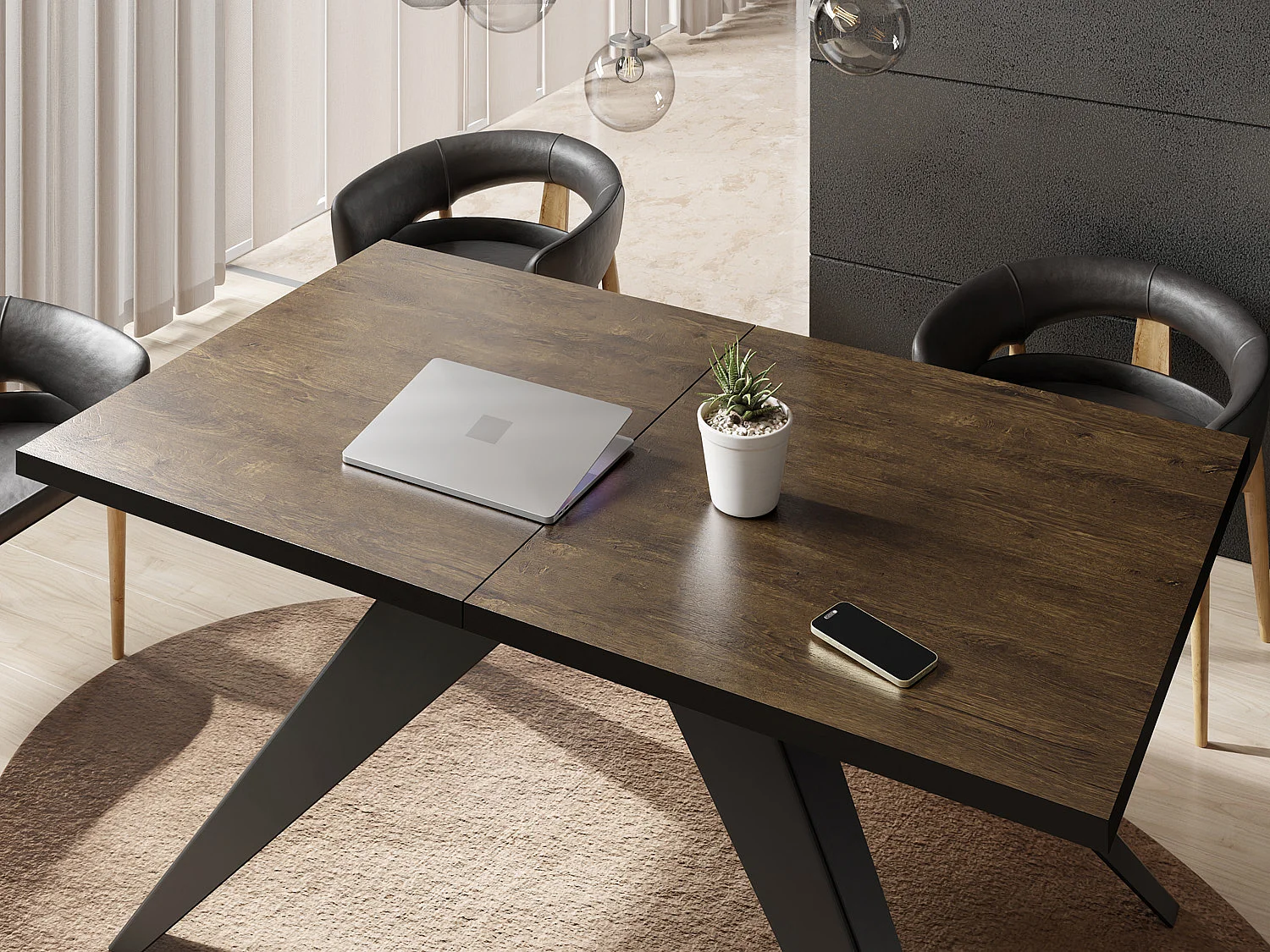 Table à Manger Vance Style Moderne - Table Rectangulaire Extensible de 140 à 240 cm, Pieds en Métal Noir Revêtement Poudre - 140 x 80 cm - Chêne Lefkas