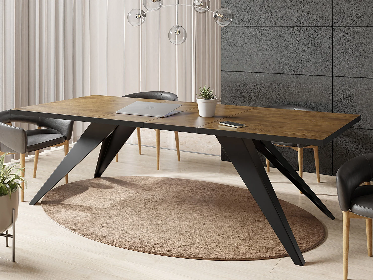 Table à Manger Vance Style Moderne - Table Rectangulaire Extensible de 140 à 240 cm, Pieds en Métal Noir Revêtement Poudre - 140 x 80 cm - Chêne Lefkas