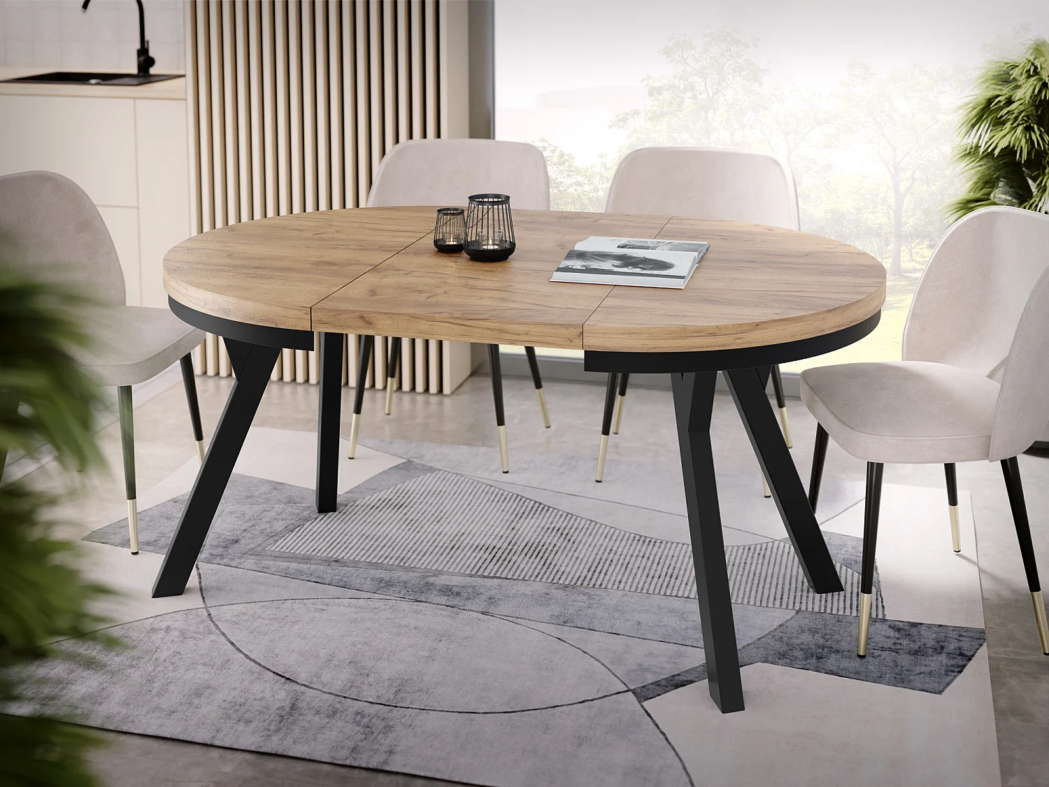 Table à Manger Extensible Ronde Designer - Style Loft, Peu Encombrant -  Pieds Noirs - 100 à 150 cm - Pour 5-8 personnes - Fabriqué en UE - Chêne Wotan - 150 cm