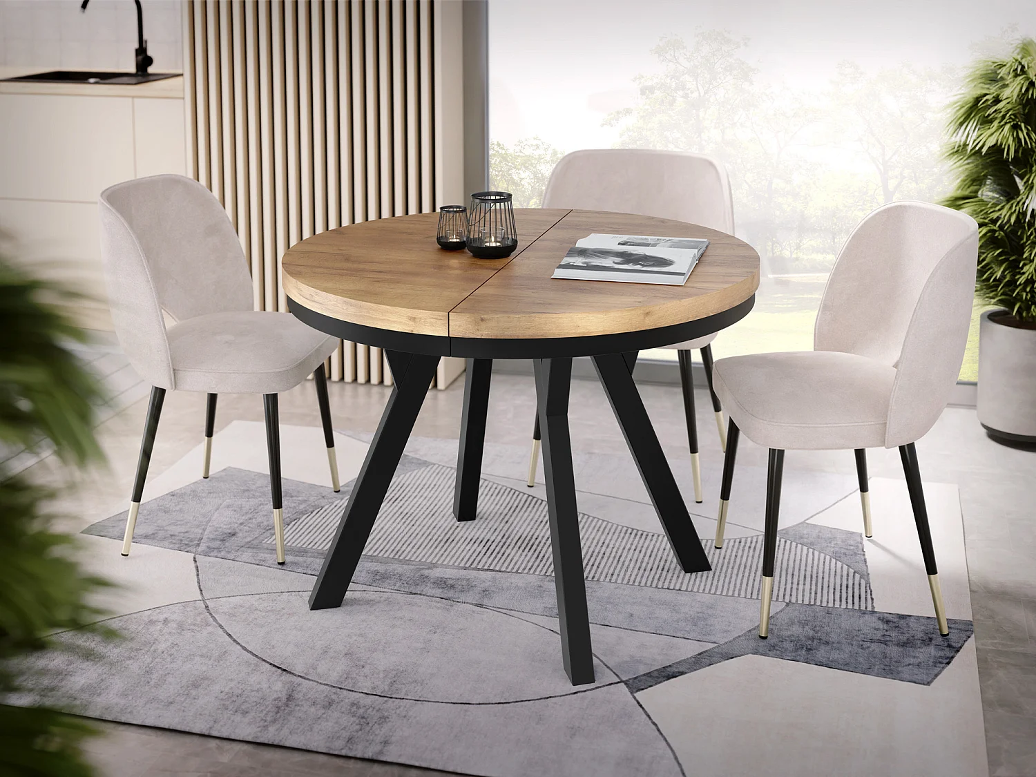 Table à Manger Extensible Ronde Designer - Style Loft, Peu Encombrant -  Pieds Noirs - 100 à 150 cm - Pour 5-8 personnes - Fabriqué en UE - Chêne Wotan - 150 cm