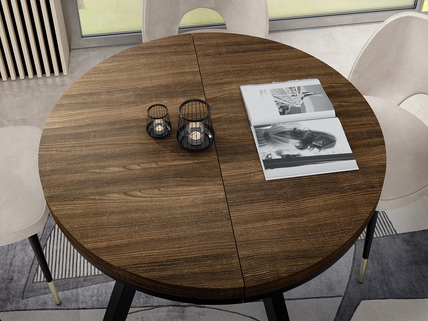 Table à Manger Ronde Extensible Designer - Style Loft, Peu Encombrant -  Pieds Noirs - 90 à 170 cm - Pour 4-8 personnes - Fabriqué en UE - Arvadonna - 170 cm