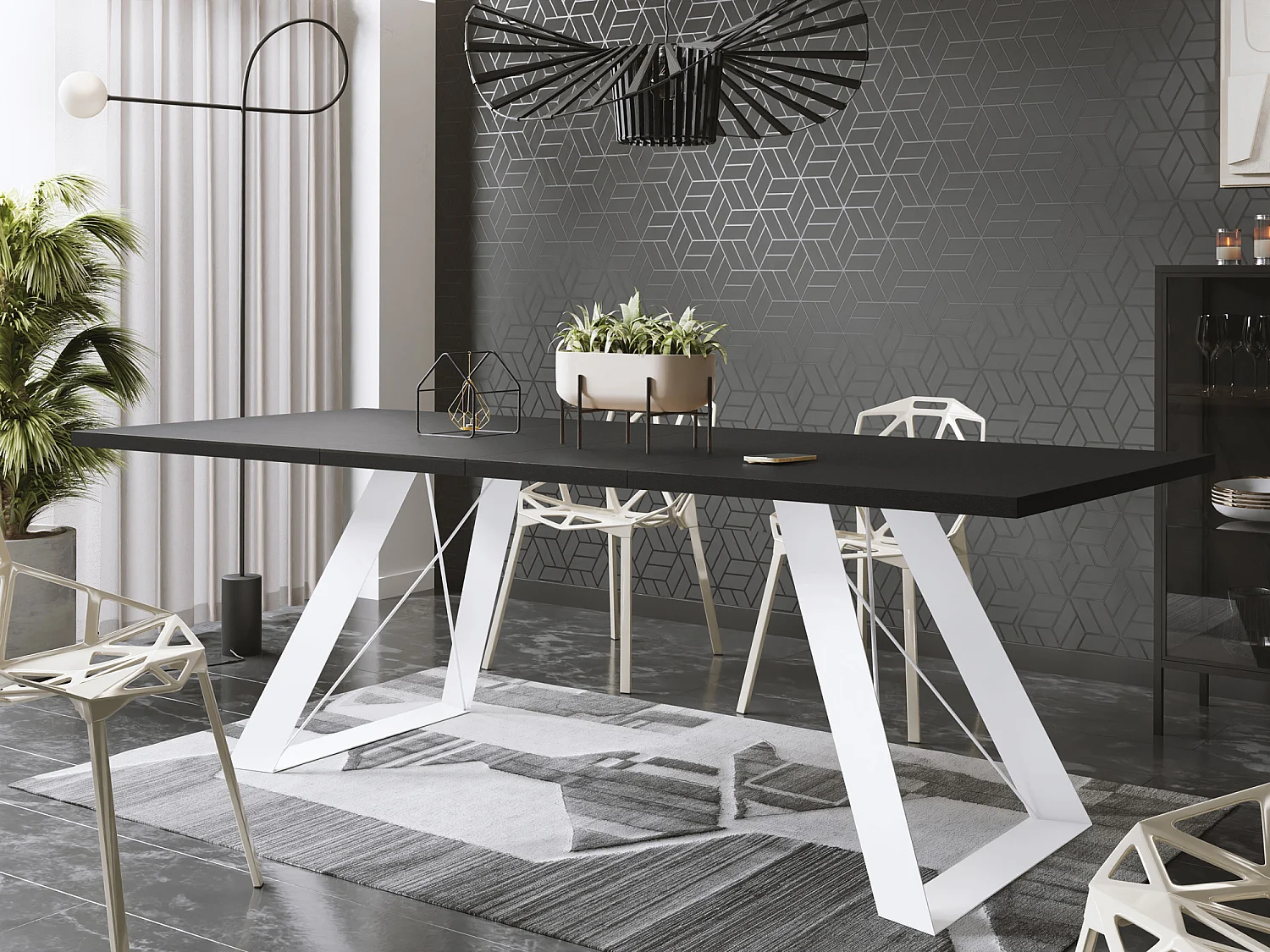 Table à Manger Rectangulaire Extensible avec Cadre Métallique Noir – Table Économiseuse d'Espace Style Loft pour Salon – Blanc avec Pieds Métalliques Noirs – 160...