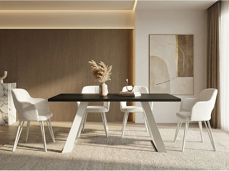 Table à Manger Rectangulaire Extensible avec Cadre Métallique Noir – Table Économiseuse d'Espace Style Loft pour Salon – Blanc avec Pieds Métalliques Noirs – 160...