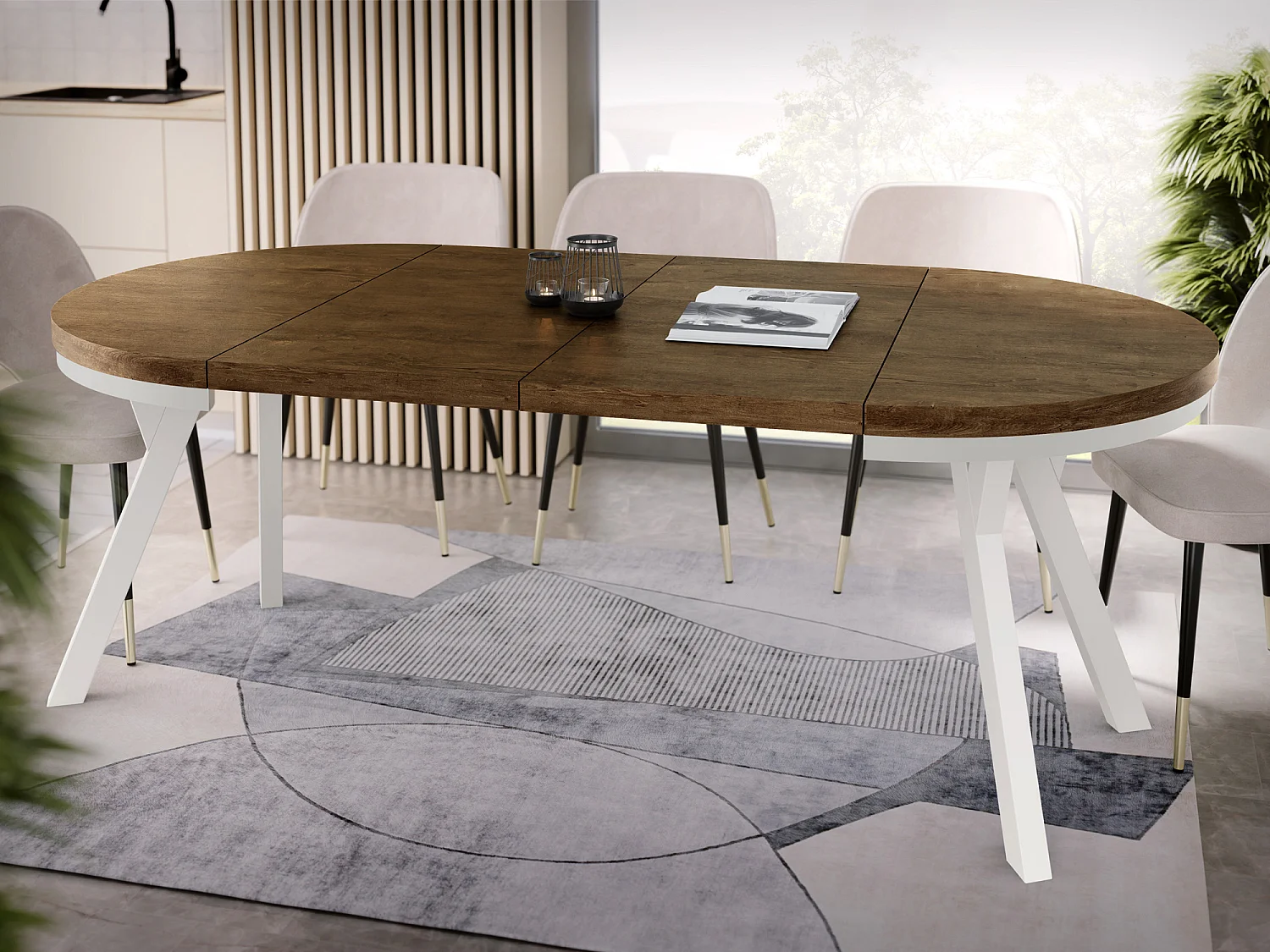 Table à Manger Extensible Ronde Designer - Style Loft, Peu Encombrant - Pieds Blanc - 90 à 170 cm - pour 4-8 personnes - Fabriqué en UE - Chêne Lefkas - 170 cm