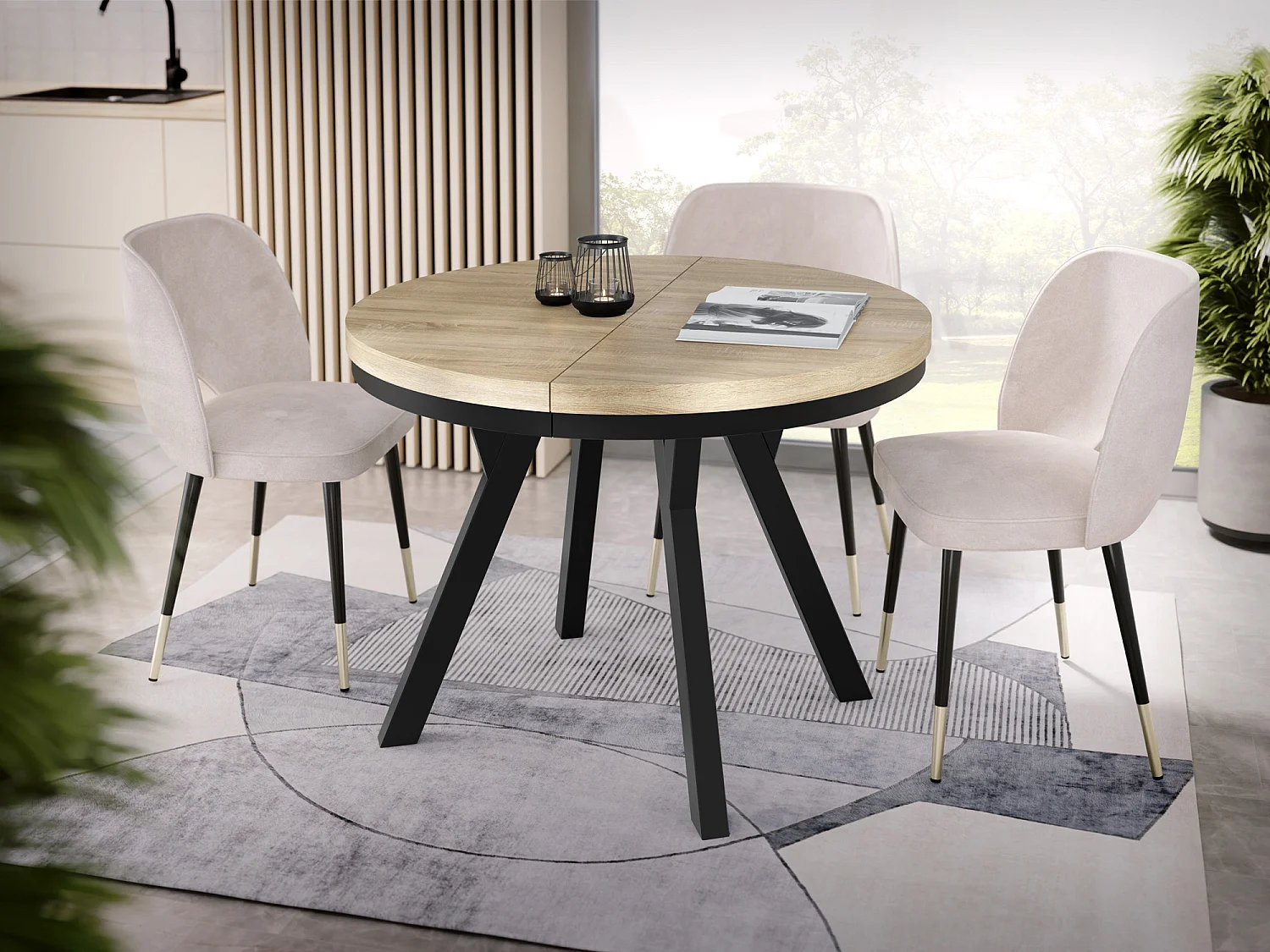Table à Manger Extensible Ronde Designer - Style Loft, Peu Encombrant -  Pieds Noirs - 100 à 200 cm - Pour 5-10 personnes - Fabriqué en UE - Chêne Sonoma - 200 cm